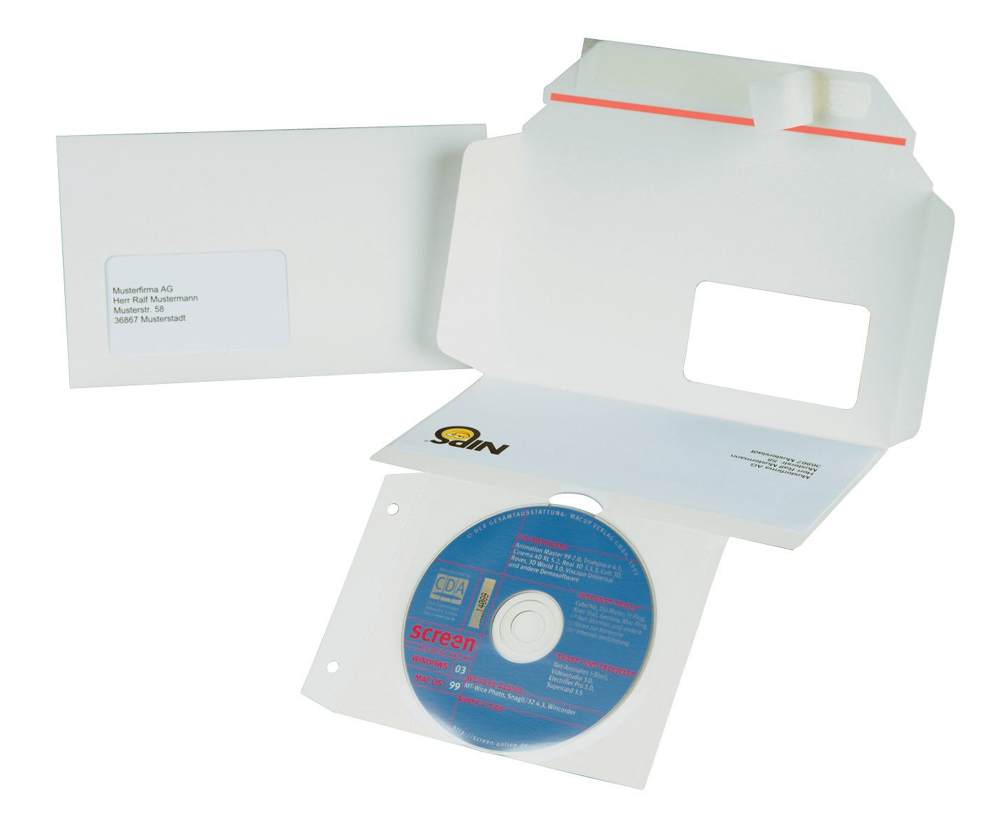 NIPS Versandtasche CD/DVD-CARD Versandkuvert, L/B/H : 216 x 125 x 5 mm, DIN-Lang Kuvert, 3er Packung