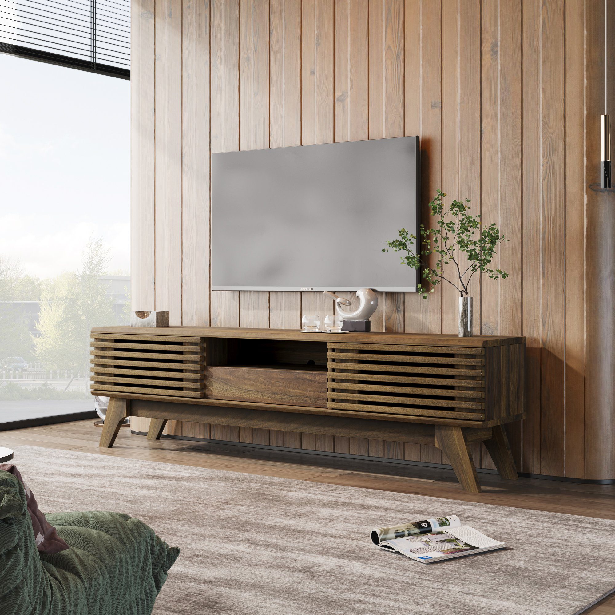 Celya TV-Schrank mit einer Schublade und zwei Schiebetüren TV-Möbel, TV- Board, TV-Lowboard, Retro-Holzfarbe