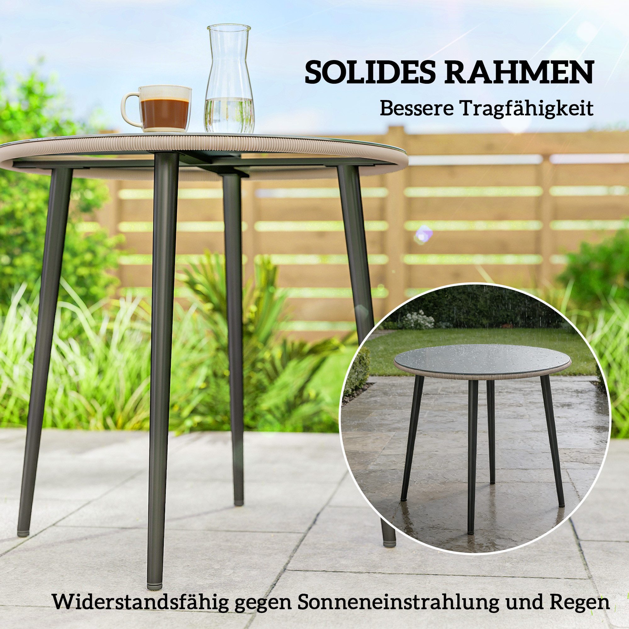 Outsunny Gartentisch Stahl Balkontisch mit Stahlrahmen, PE-Rattan-Rand (4 Personen Campingtisch, 1-St., Buffettisch), für Garten, Terrasse, Balkon, Grau – Bild 5 von 5