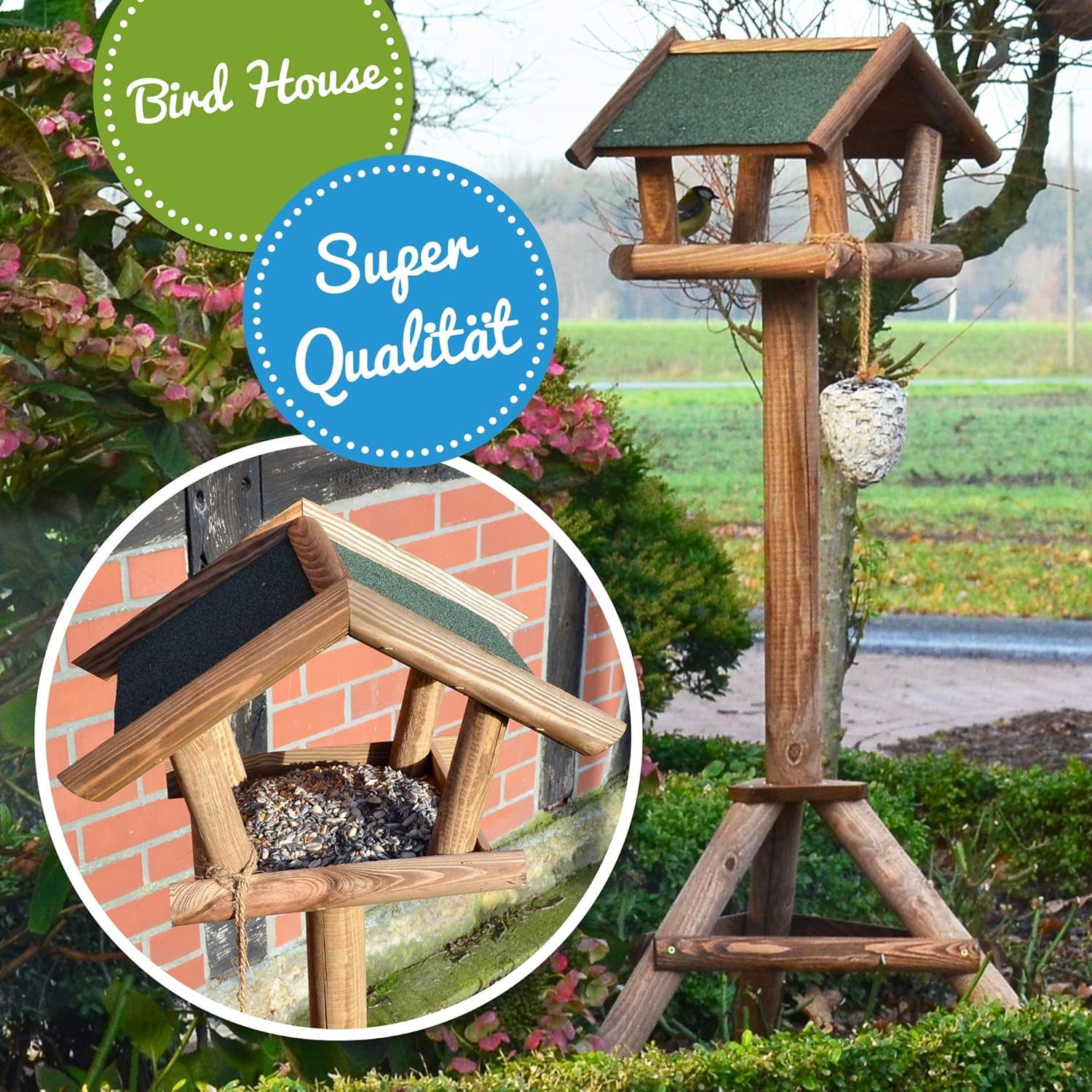 Zooprinz Vogelhaus XXL mit Ständer Wetterfest, Massiver Holzständer, Futterrsilo für Vögel