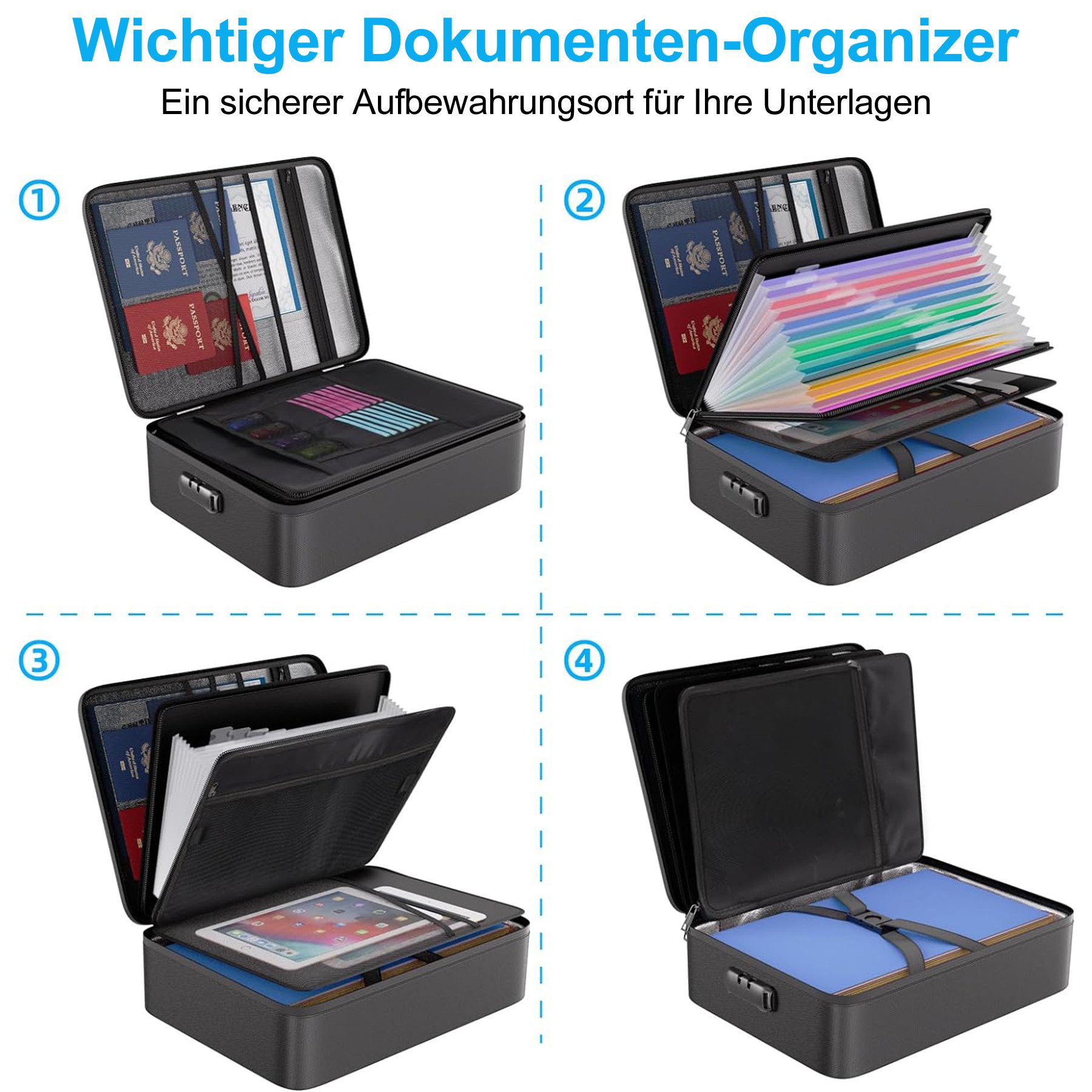 Mutig Dokumententasche Feuerfeste Dokumentenbox, Dokumententasche handtasche (Wasserfeste Dokumenten-Organizer, 5200°F A4, Etiketten, Tragbare Aktentasche Zuhause und Büro, mit 7 Fächer & 16 Kartenfächer), für Büro,im Auto, im Safe oder,sondern auch auf Reisen mitnehmen