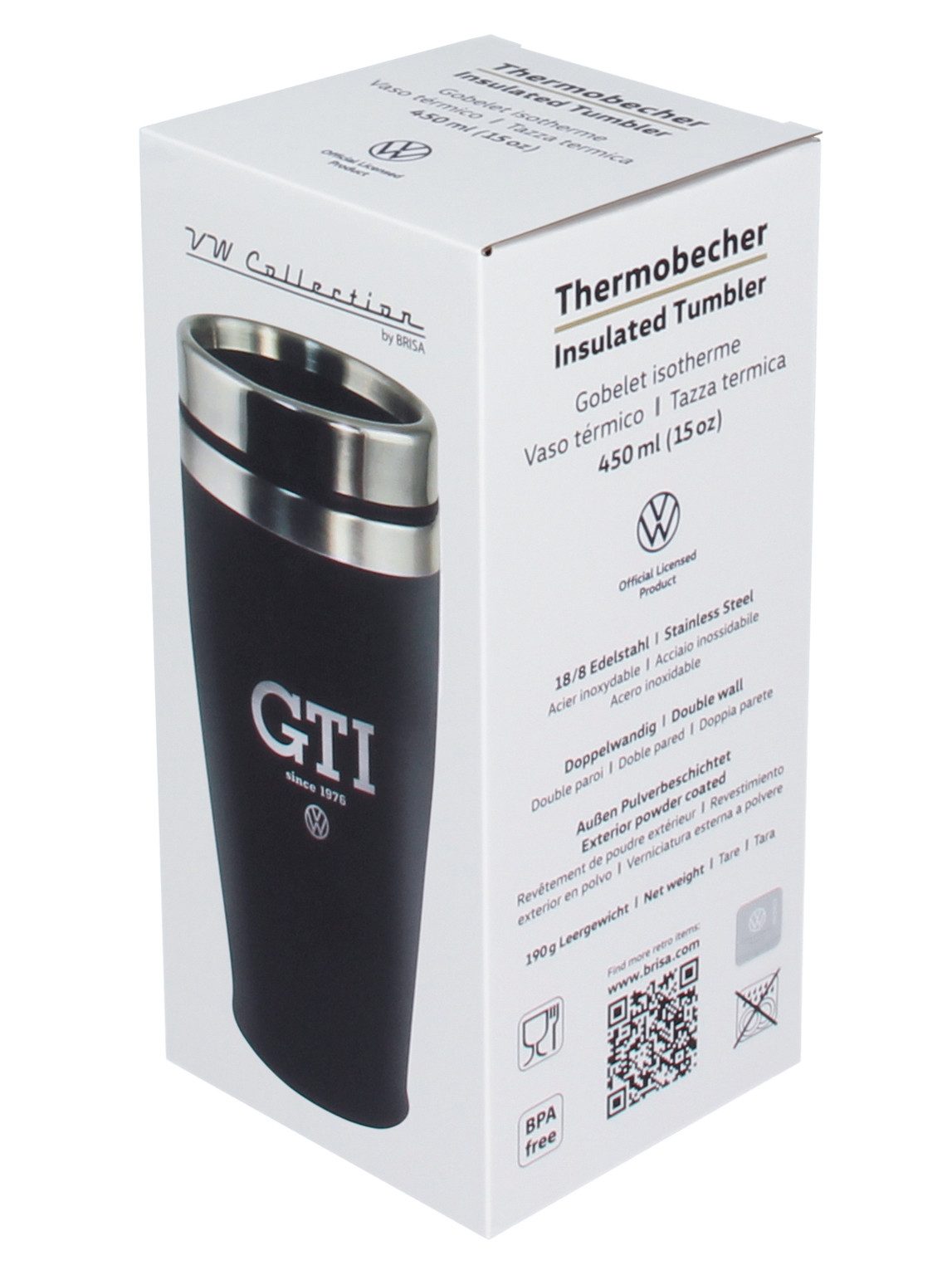 VW Collection by BRISA Coffee-to-go-Becher Volkswagen Isolierter-Edelstahl Thermobecher, Edelstahl, Stilvoller schwarzer Travel Mug mit GTI Logo, 450ml – Bild 5 von 5