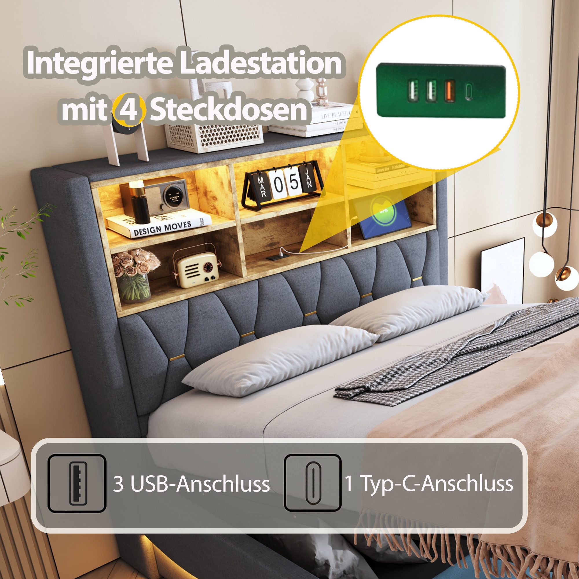 REDOM Polsterbett mit smartem LED-Lichtband per günstig online kaufen