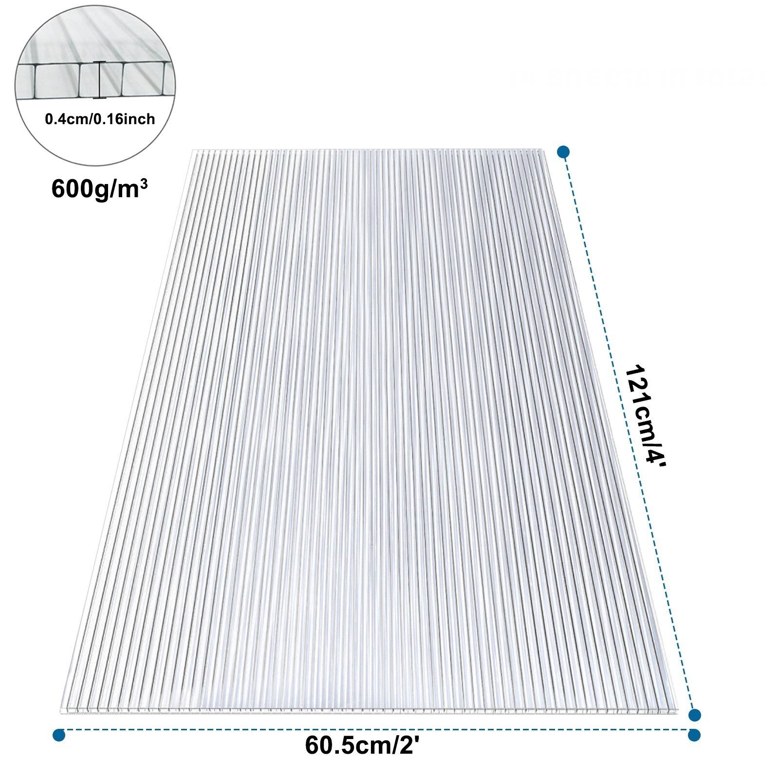 Clanmacy Doppelstegplatte 28 Stk.Gewächshaus Gewächshausplatten 4mm Stärke,PC Doppelstegplatte, 4,00 mm