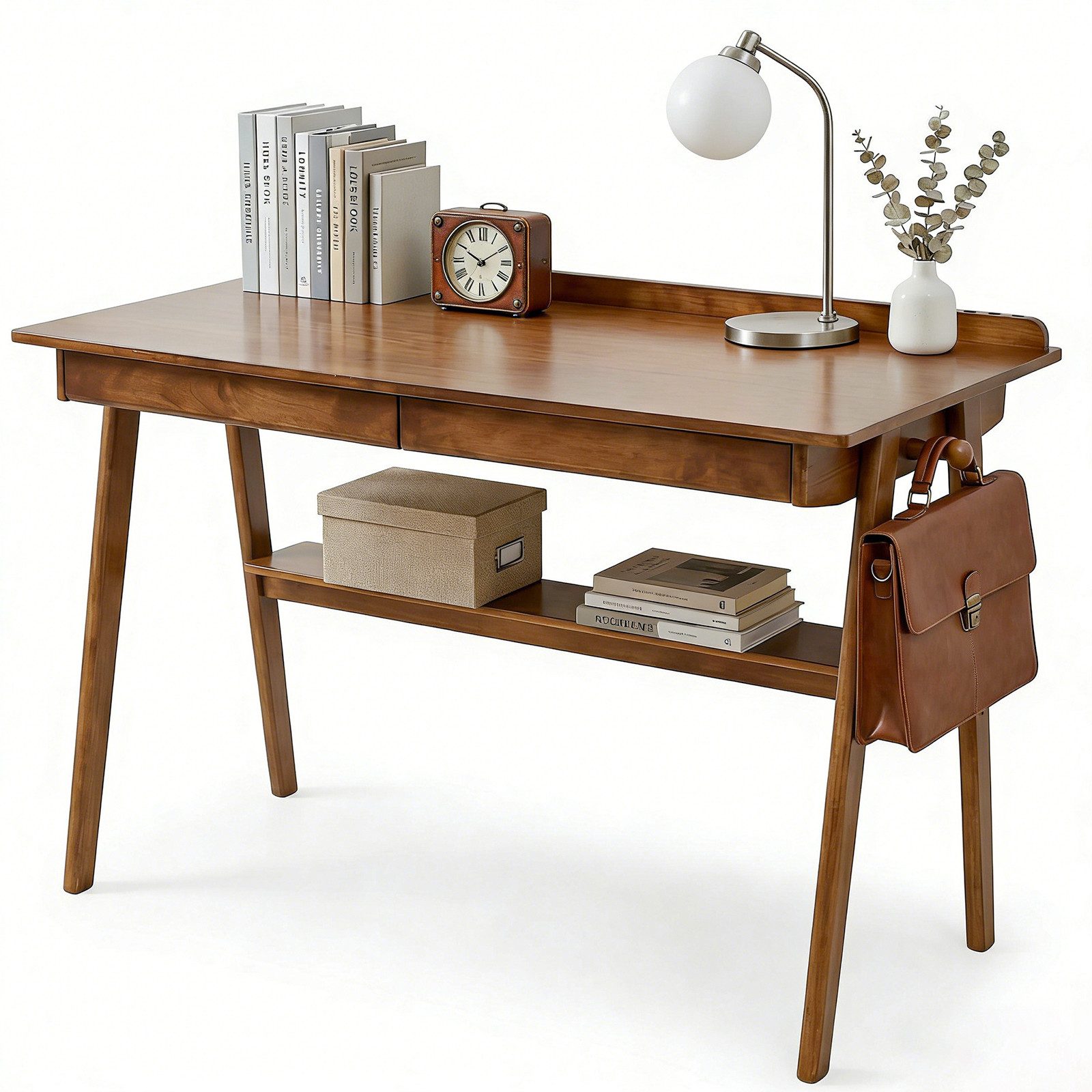 kowdom Schreibtisch Mid-Century Massivholz-Schreibtisch, 120x60 cm, Walnuss, 2 Schubladen (Schreibtisch), Massivholz, 2 Schubladen, mit Ablage, mit Haken, Stifthalter