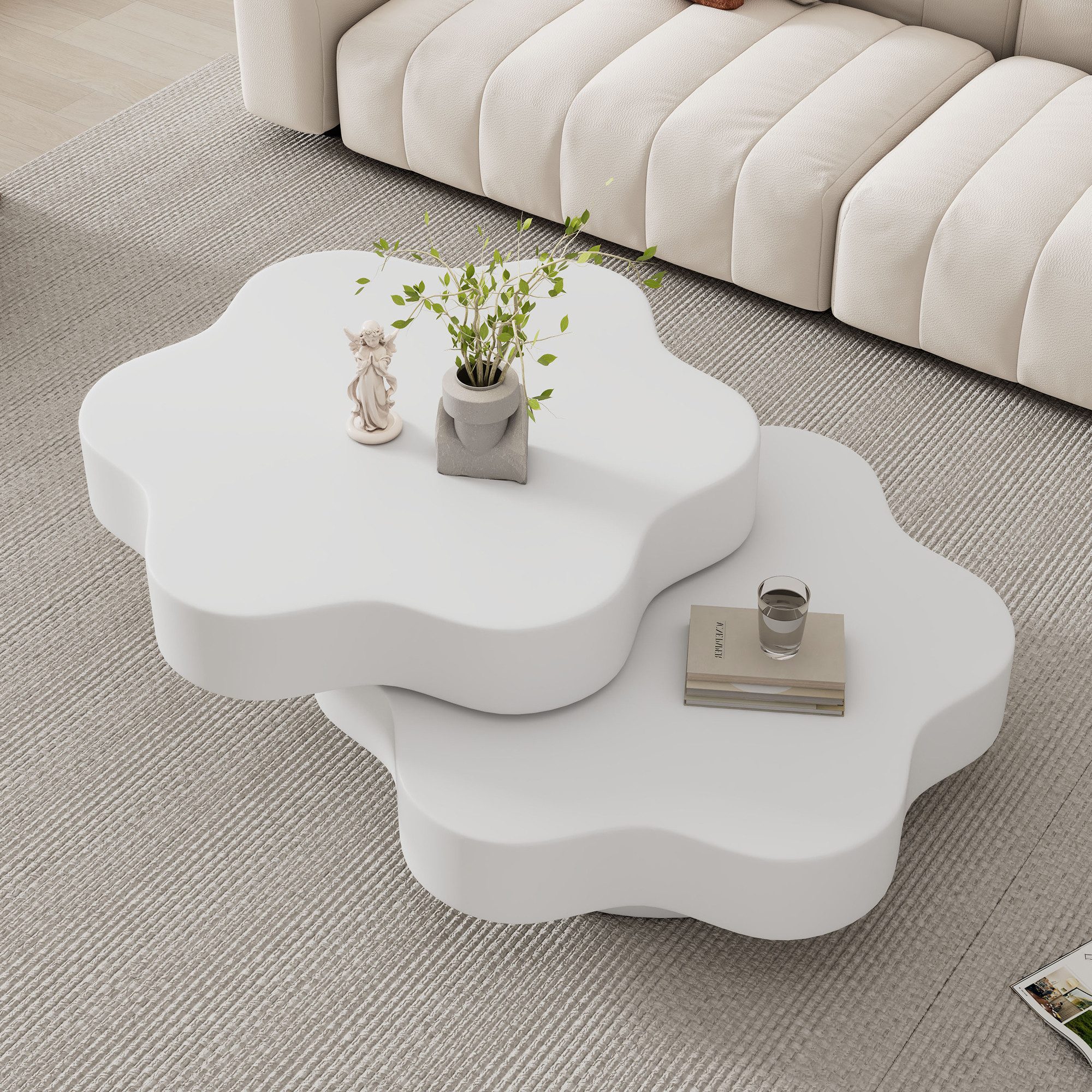MODFU Couchtisch mit blumenförmiger MDF-Tischplatte (Sofatisch, Beistelltisch, Wohnzimmertisch, 1-St., Doppelschichtiger), Obere Tischplatte 360° frei drehbar