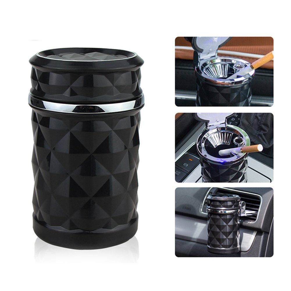 Bolwins Aschenbecher Q92C LED Autoaschenbecher Schwarz für Getränkehalter mit Deckel, KFZ Aschenbecher mit LED Beleuchtung