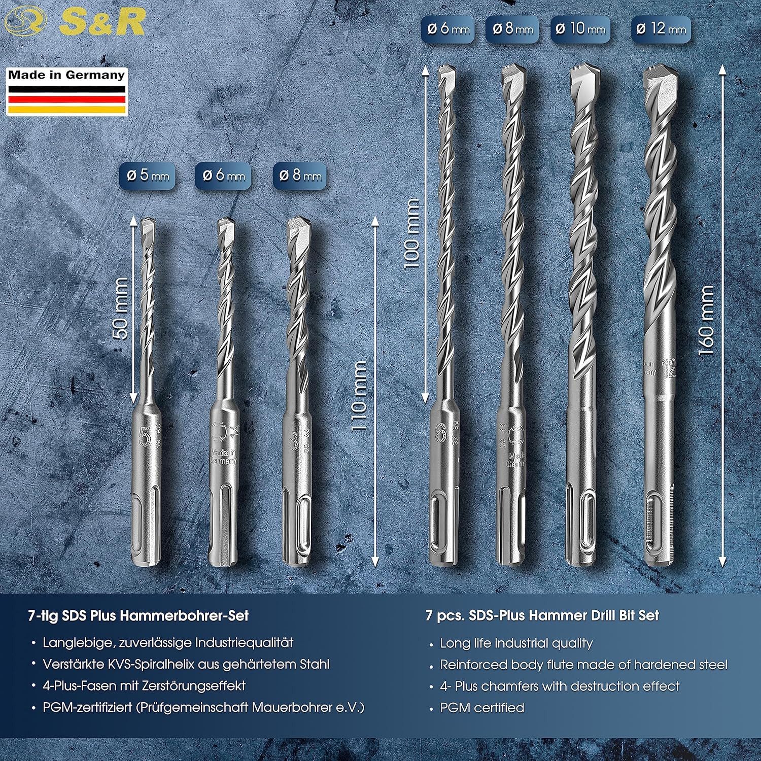 S&R Hammerbohrer Betonbohrer SDS Plus in Industriequalität Made in Germany, (Set, 7-teilig. SDS Plus 5,6,8/6,8,10,12 mm), Power Breakers Technologie, Premium Bo – Bild 3 von 5