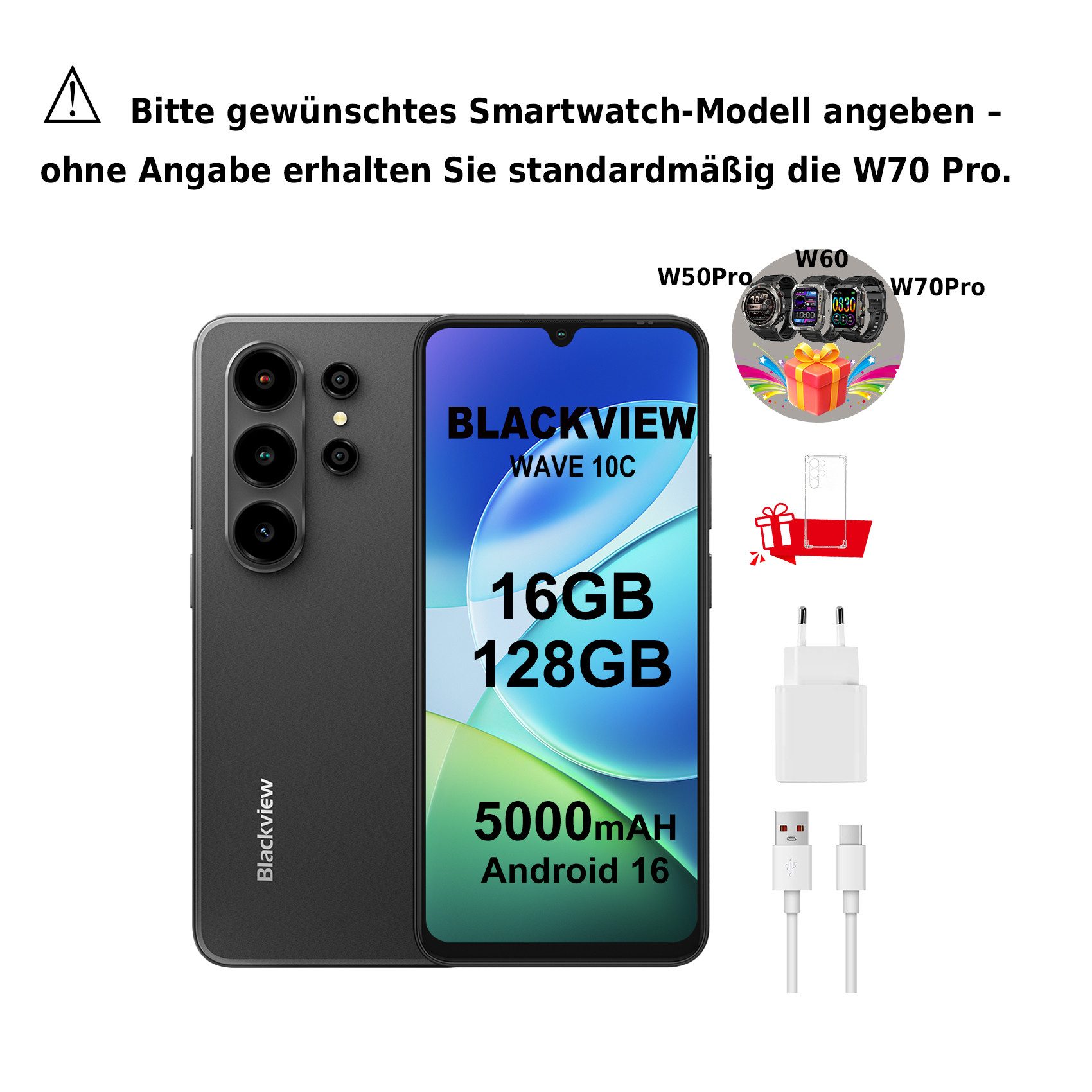 blackview Smartphone ohne Vertrag,16GB +128GB, 5000mAh Akku,Android 16, Dual SIM Smartphone (6.88 Zoll, 128 GB Speicherplatz)