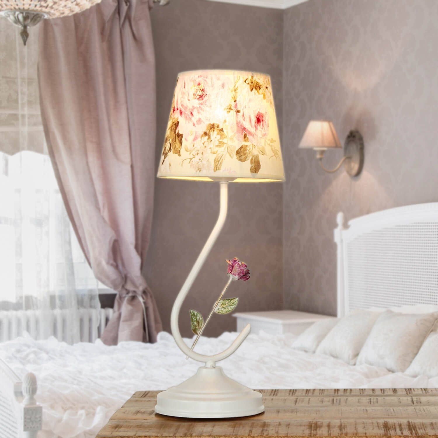 Licht-Erlebnisse Nachttischlampe VASANTA, ohne Leuchtmittel, Tischlampe  Stoff Schirm Rosen floral romantisch
