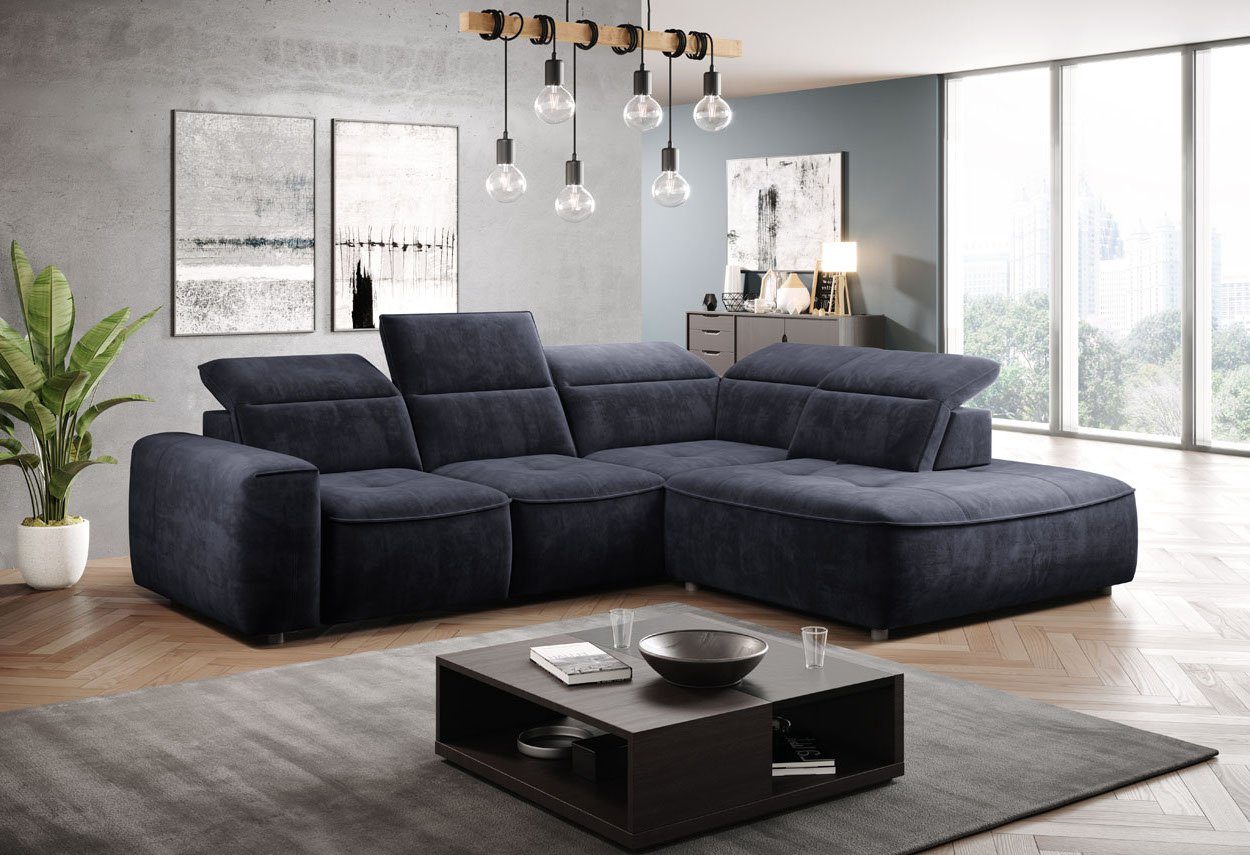 Anthrazit Kopfstützen verstellbare WOHNKLUSIV elektrische Design elektrische Ecksofa 17 Sitztiefenverstellung, FERRARA, Palladium Ecksofa Sitztiefenverstellung, Bettkasten,