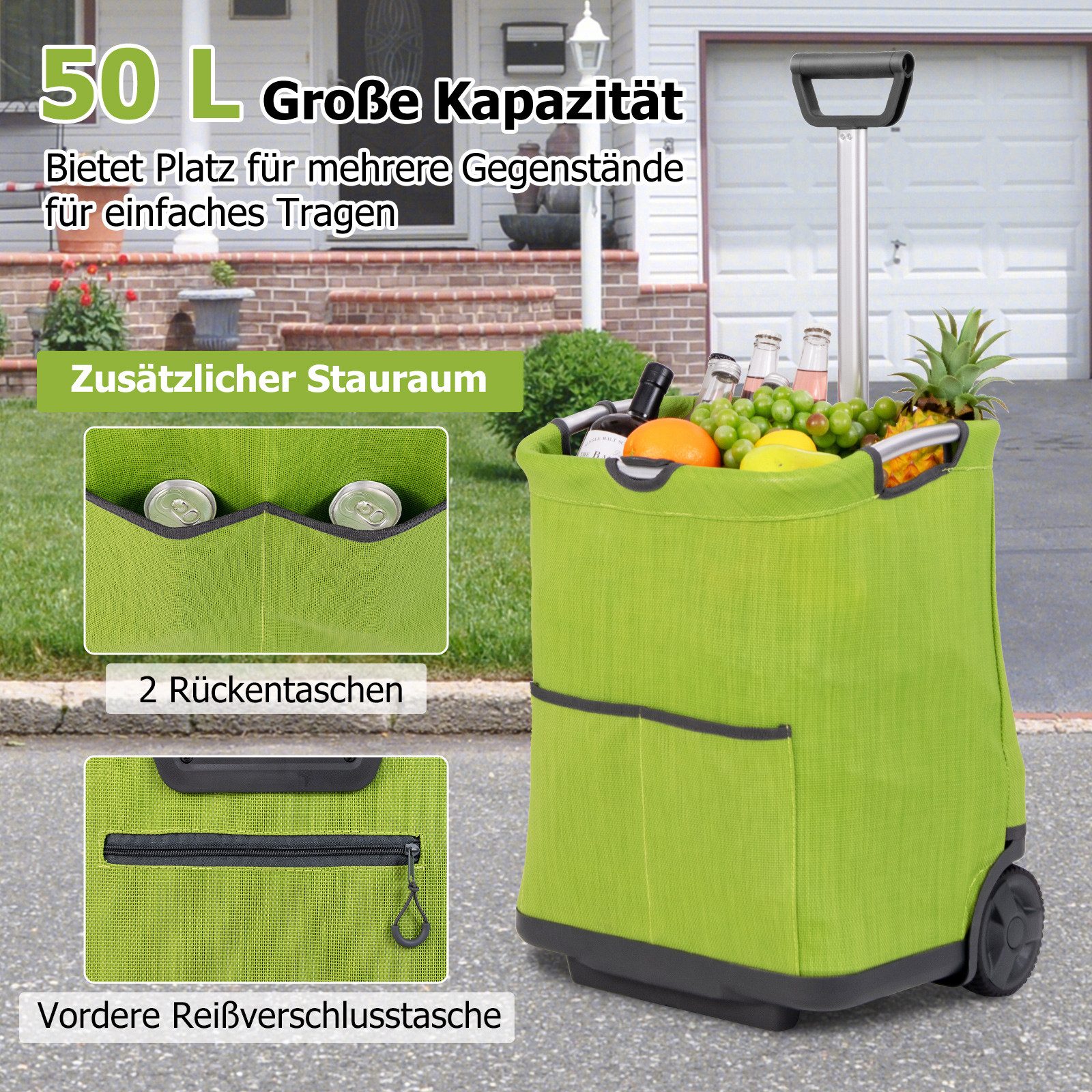 COSTWAY Einkaufstrolley, 50 l, klappbare Einkaufwagen, leicht stabil Aluminiumrahmen