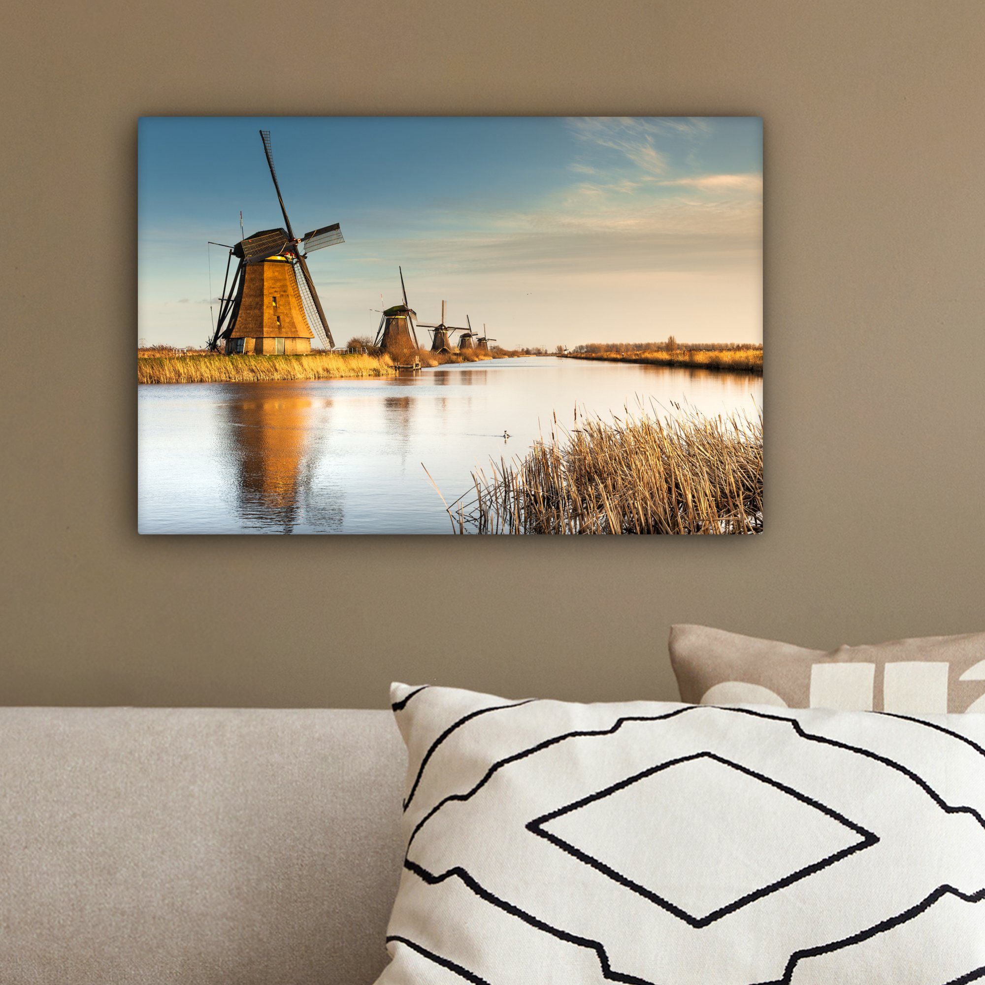 Wanddeko, (1 Wandbild Holland cm Landschaft, 30x20 St), - Leinwandbilder, Mühle Aufhängefertig, OneMillionCanvasses® Leinwandbild -