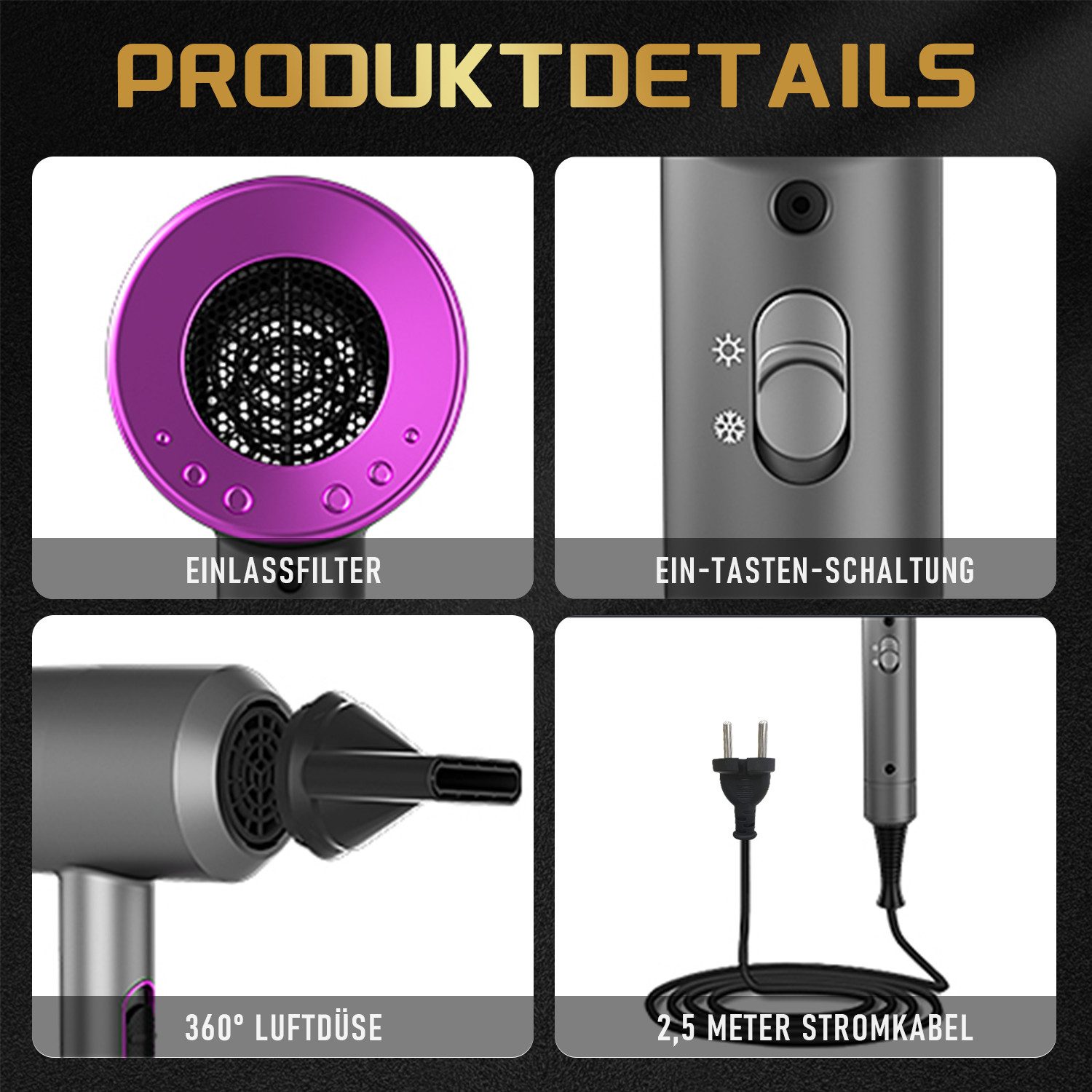 BRAIDOL Haartrockner Ionic-Haartrockner, Leistungsstark Föhn Ionen Dry & Style Hairdryer, 2000 W, Schnell Trocknend, Geräuscharm mit 2 Stylingdüse & 1 Diffusor, für Frauen Lockiges Haar, Zuhause, Salon, Reisen
