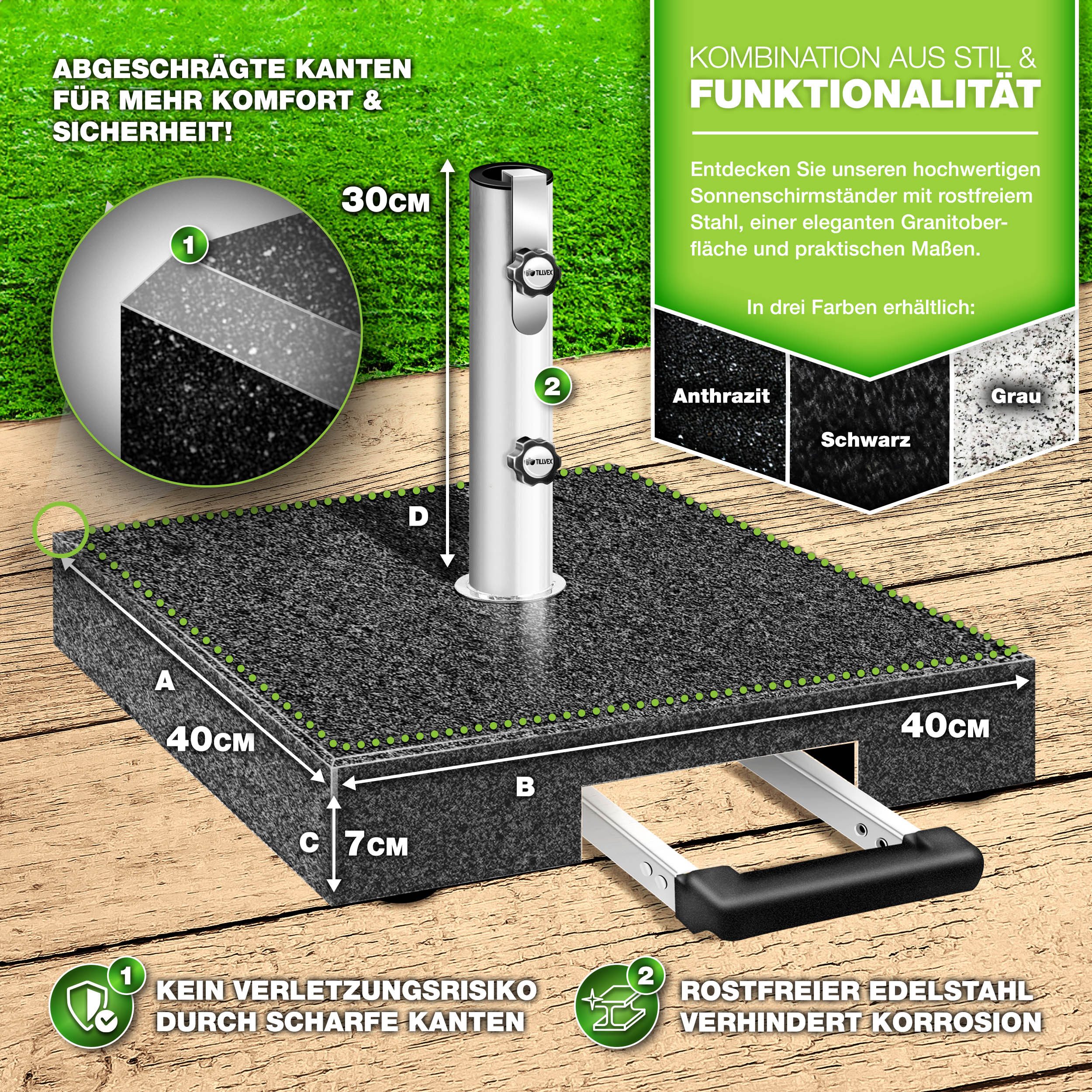 tillvex Sonnenschirm tillvex Granit Sonnenschirmständer, Balkonschirmständer für Schirmstöcke 16-48 mm & 300cm Schirmdurchmesser, Sonnenschirm, Granit Sonnensch – Bild 2 von 5