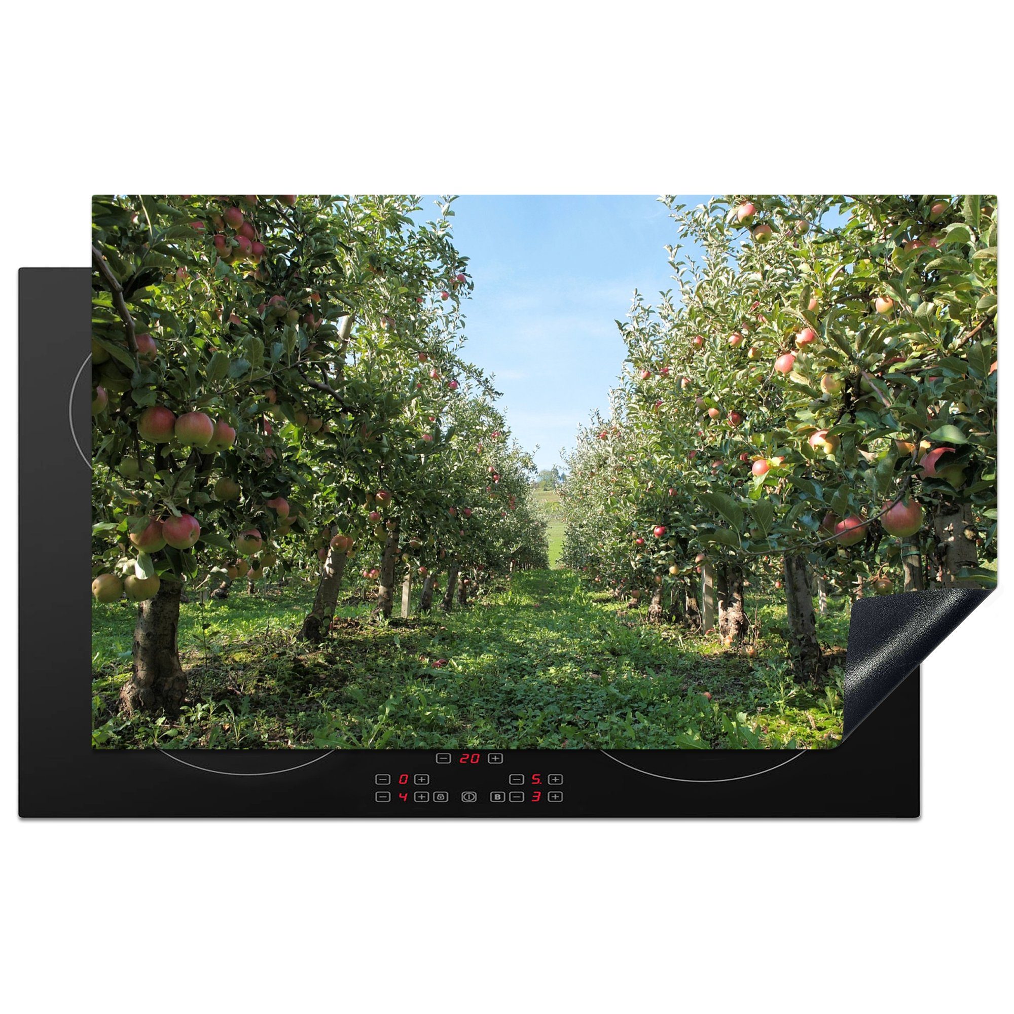 MuchoWow Herdblende-/Abdeckplatte Der Obstgarten ist voll von Äpfeln, Vinyl, (1 tlg), 83x51 cm, Ceranfeldabdeckung, Arbeitsplatte für küche