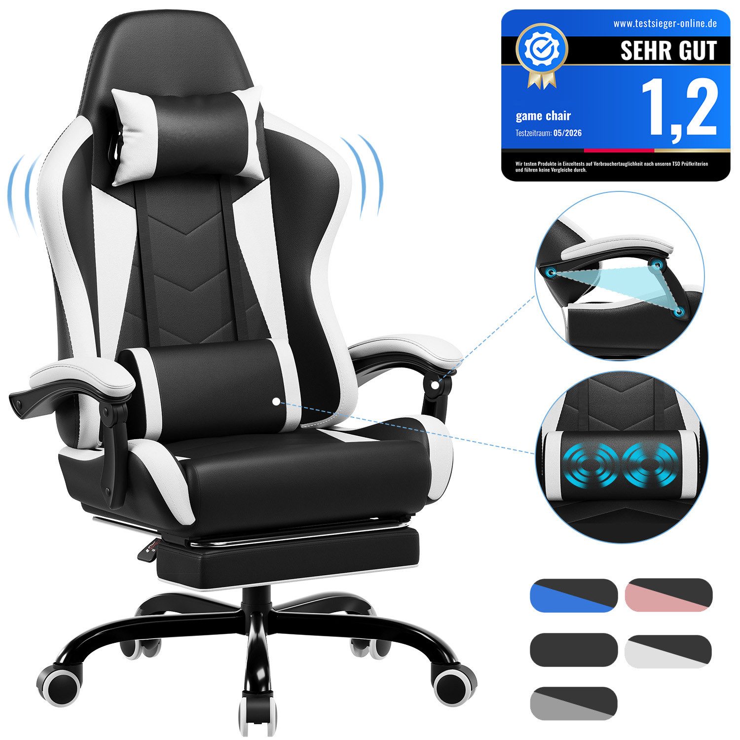 HOMALL Gaming-Stuhl Massage Gaming Stuhl mit Fußstütze 90-135° Rückenlehne einstellbar (Bürostuhl Ergonomisch,Verstellbarem Lenden- & Kopfkissen,mit Fußstütze)