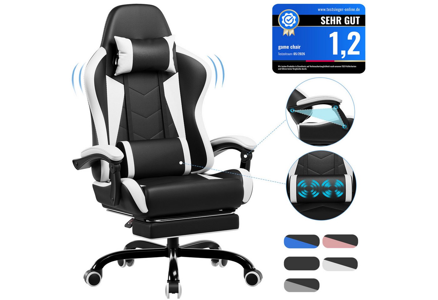 HOMALL Gaming-Stuhl Massage Gaming Stuhl mit Fußstütze 90-135° Rückenlehne einstellbar (Bürostuhl Ergonomisch,Verstellbarem Lenden- & Kopfkissen,mit Fußstütze)