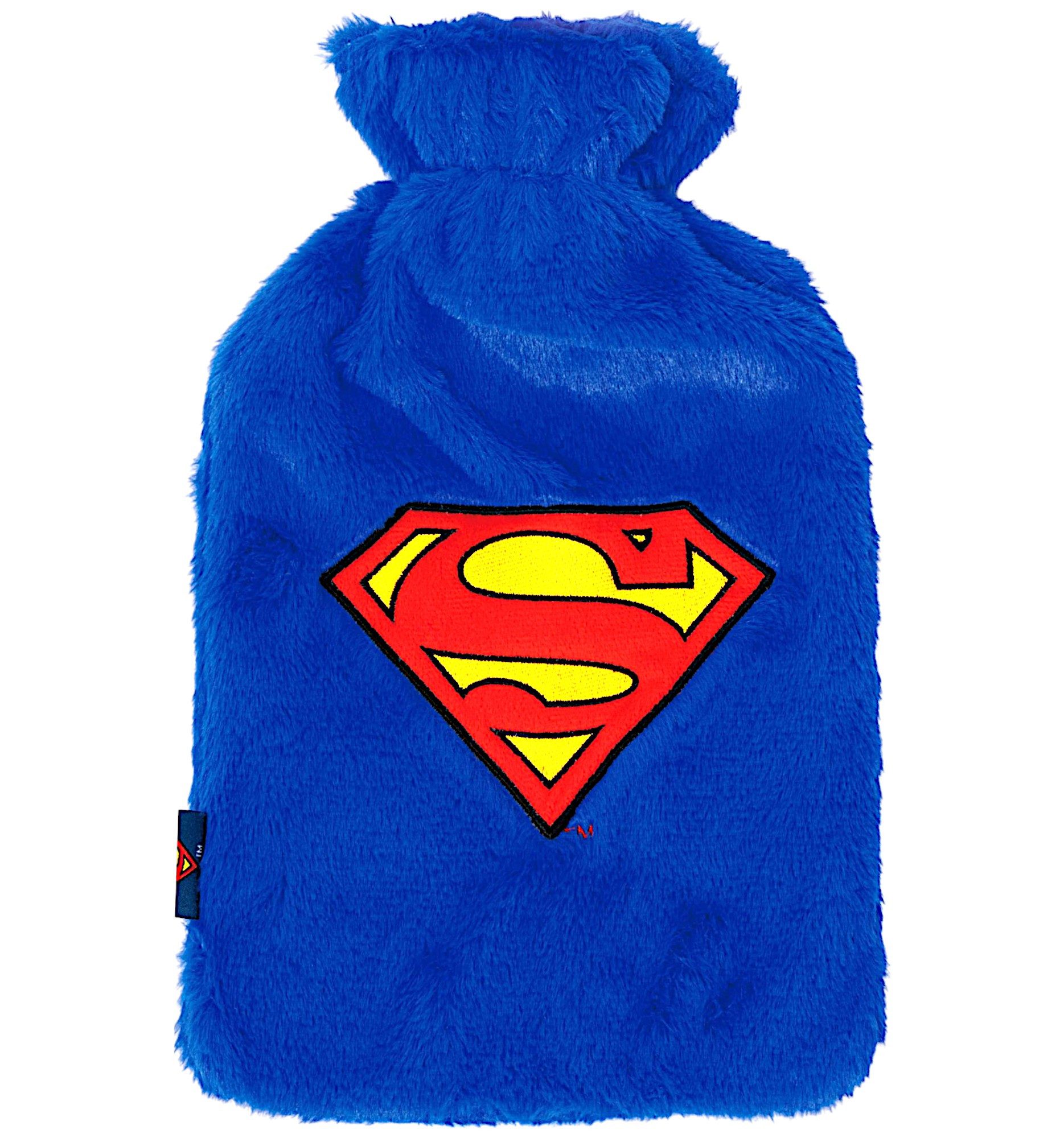 Superman Wärmflasche, Kinderwärmflache - Bettwärmer mit weichem Plüschbezug - 1,5 Liter