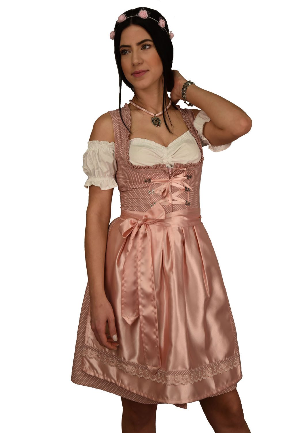 Entari Dirndl Trachtenkleid 517gt Rose Weiß gepunktet Golden Trachten (3tlg) gepunktet