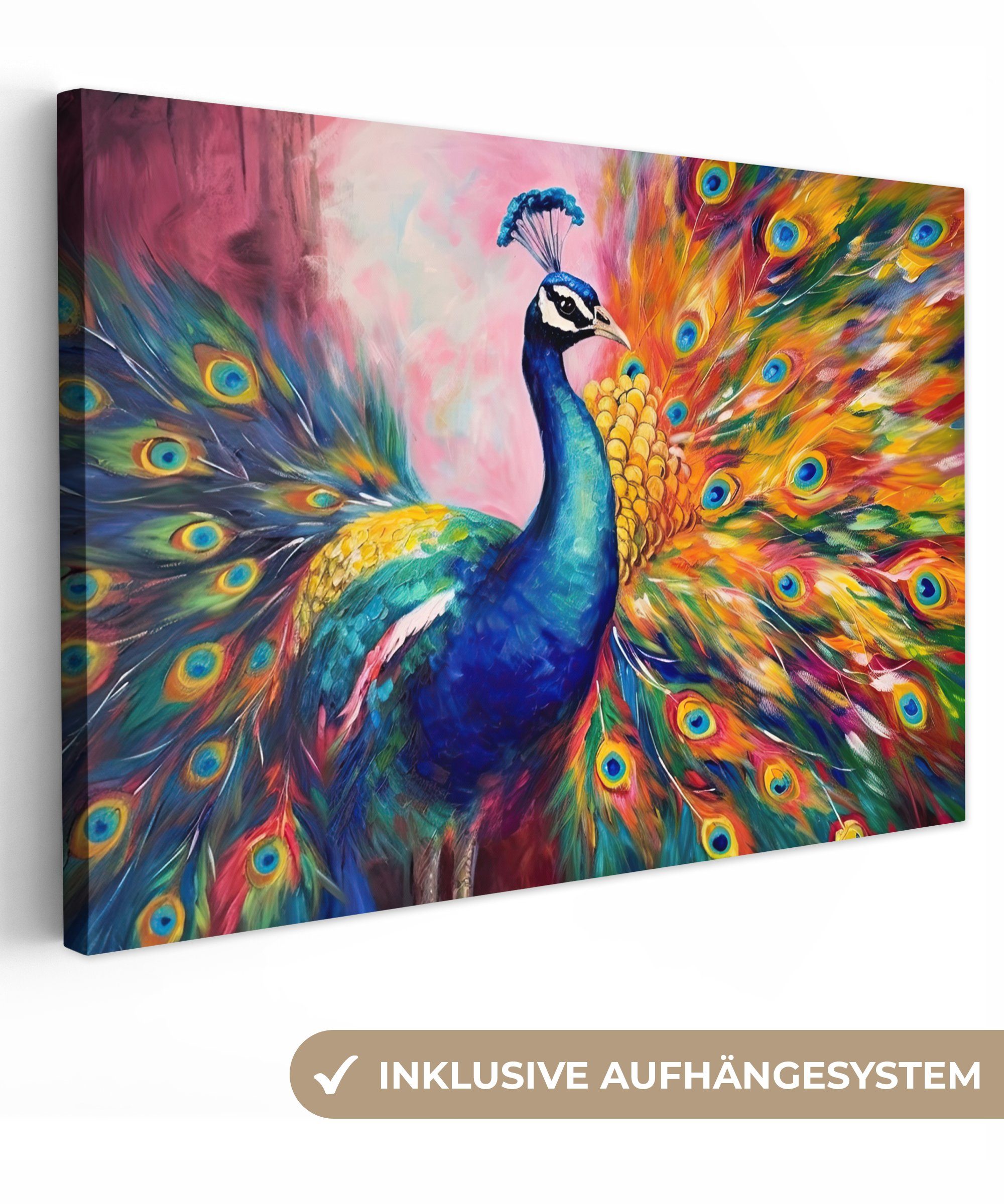 OneMillionCanvasses® Leinwandbild Pfau - Tiere - Malerei - Regenbogen, (1 St), Wandbild Leinwandbilder, Aufhängefertig, Wanddeko, 30x20 cm