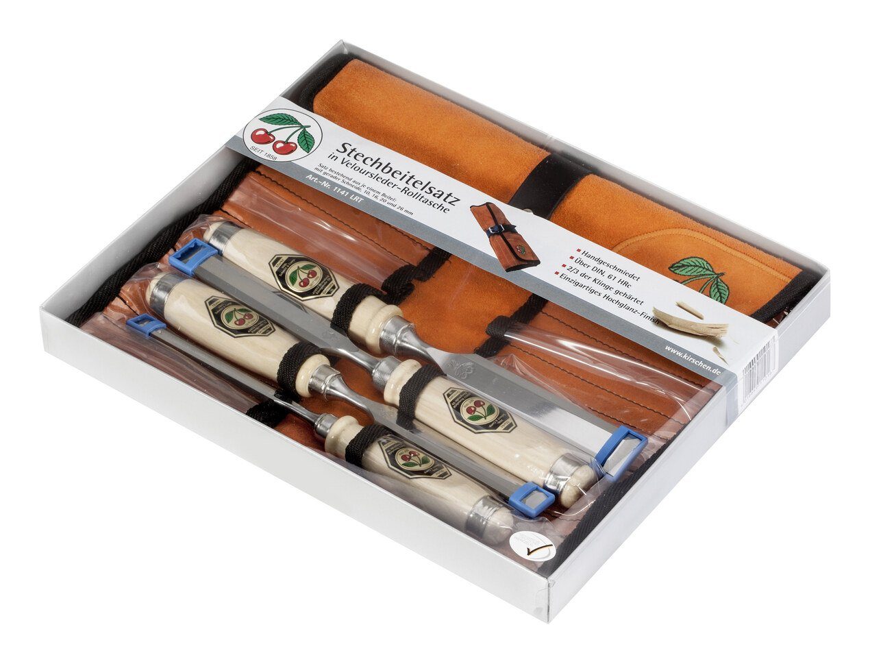 Kirschen Stechbeitel, Stechbeitelsatz 4 - tlg. in Verloursledertasche m. abgeflachtem