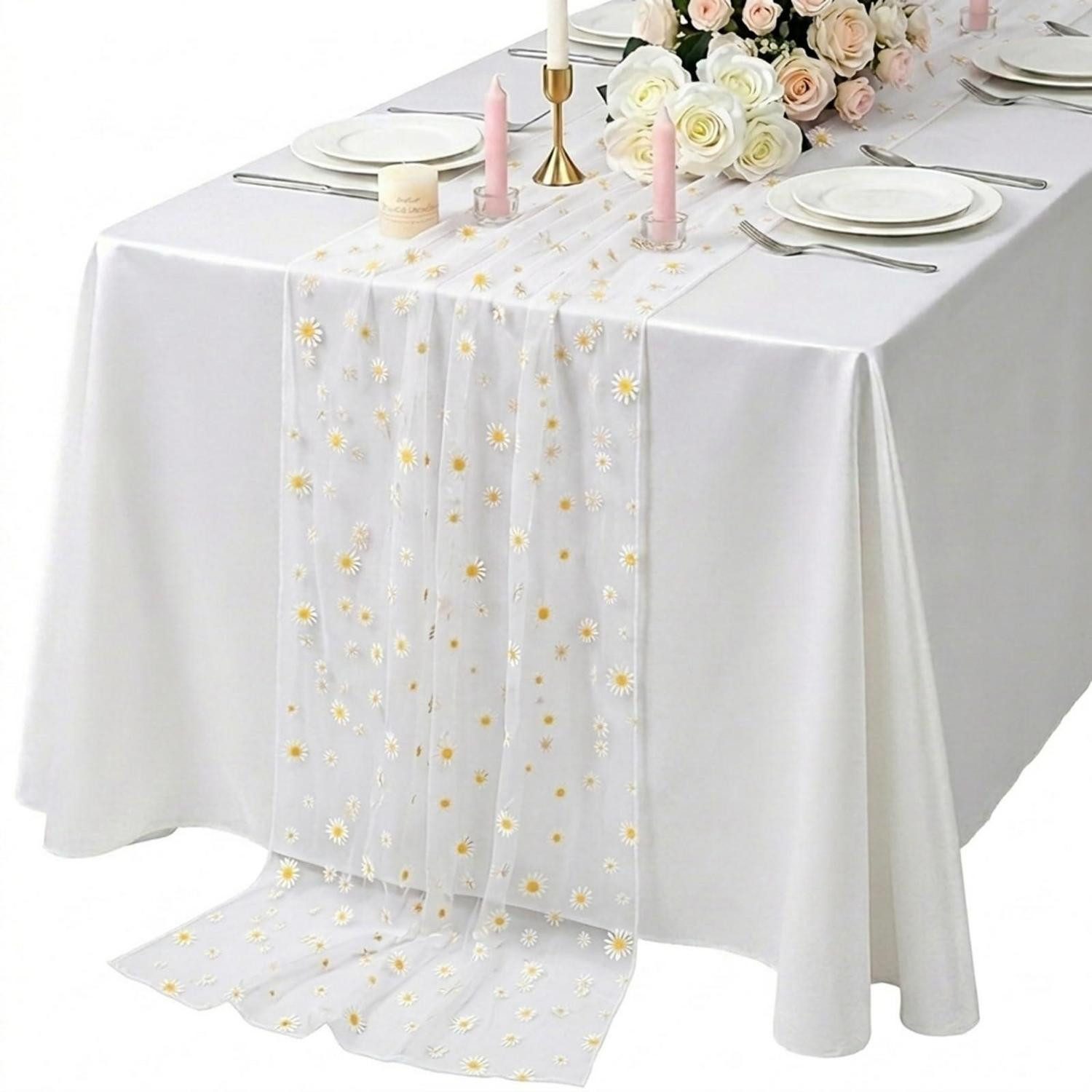 LuxusKollektion Tischläufer Tischläufer Tüll 75x300 cm Gänseblümchen Weiß (1-tlg)