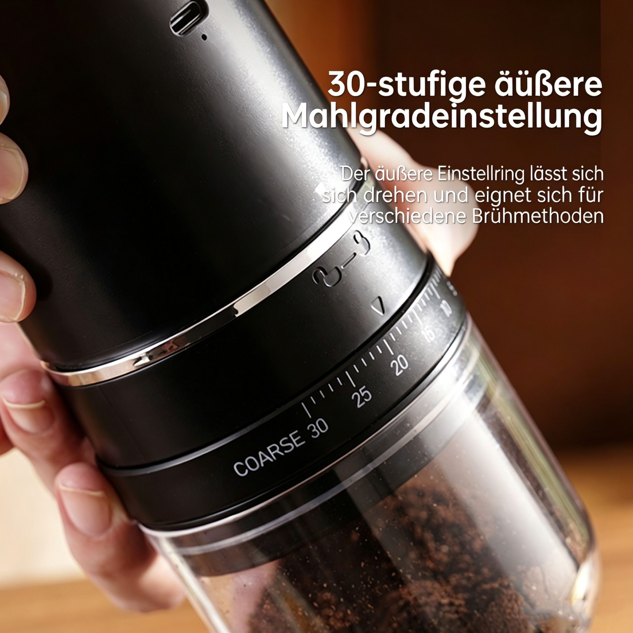 KINSI Kaffeemühle Elektrische Kaffeemühle mit Akku, 30 Mahlgrade, USB-C, Kaffeebohnen, Kegelmühle, Die Mahlstärke ist einstellbar, für Espresso bis Cold Brew