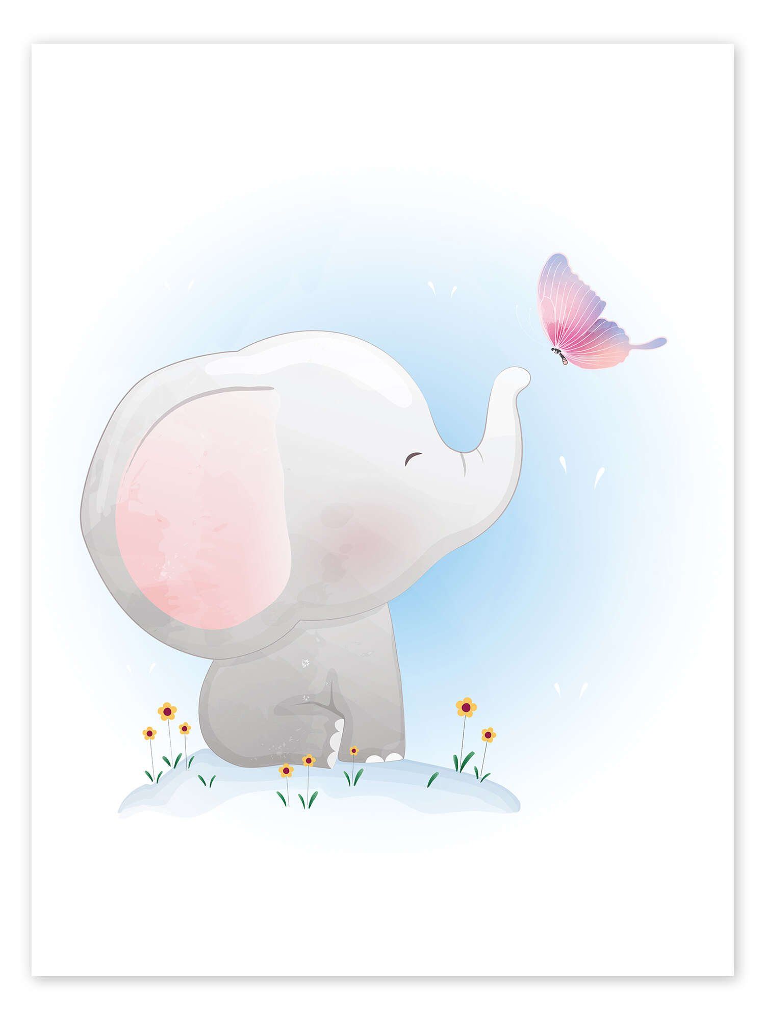 Posterlounge Wandbild Elefant und Schmetterling, Kidz Collection, erhältlich als Poster, Leinwandbild, Wandsticker oder Acrylglasbild