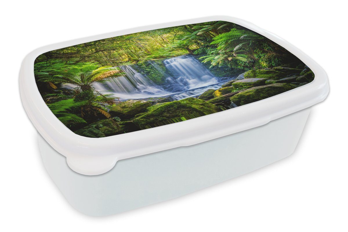 MuchoWow Lunchbox Dschungel - Wasserfall - Australien - Pflanzen - Natur, Kunststoff, (2-tlg), Brotbox für Kinder und Erwachsene, Brotdose, für Jungs und Mädchen weiß