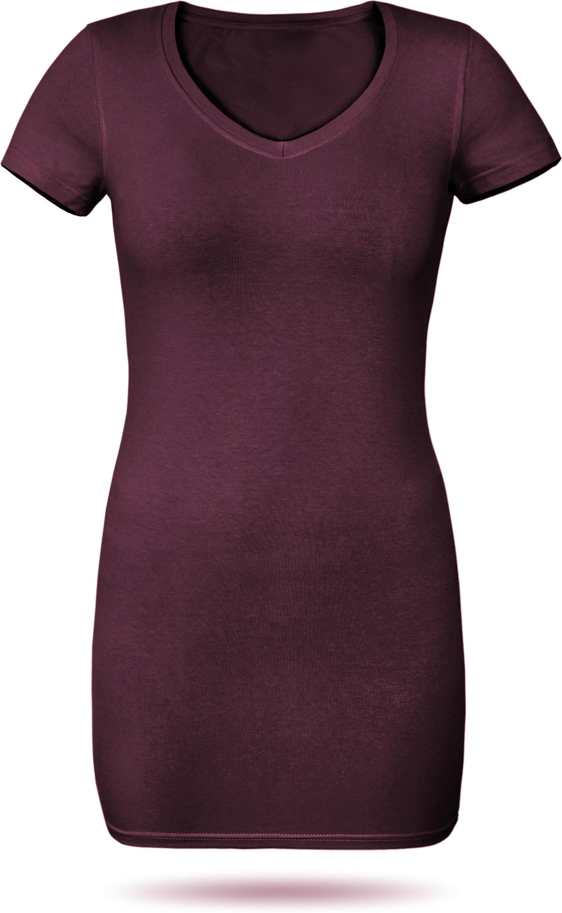 kurzarm normani Basic T-Shirt Damen V-Ausschnitt Figurbetontes Kurzarmshirt Shirt Siena Burgund mit