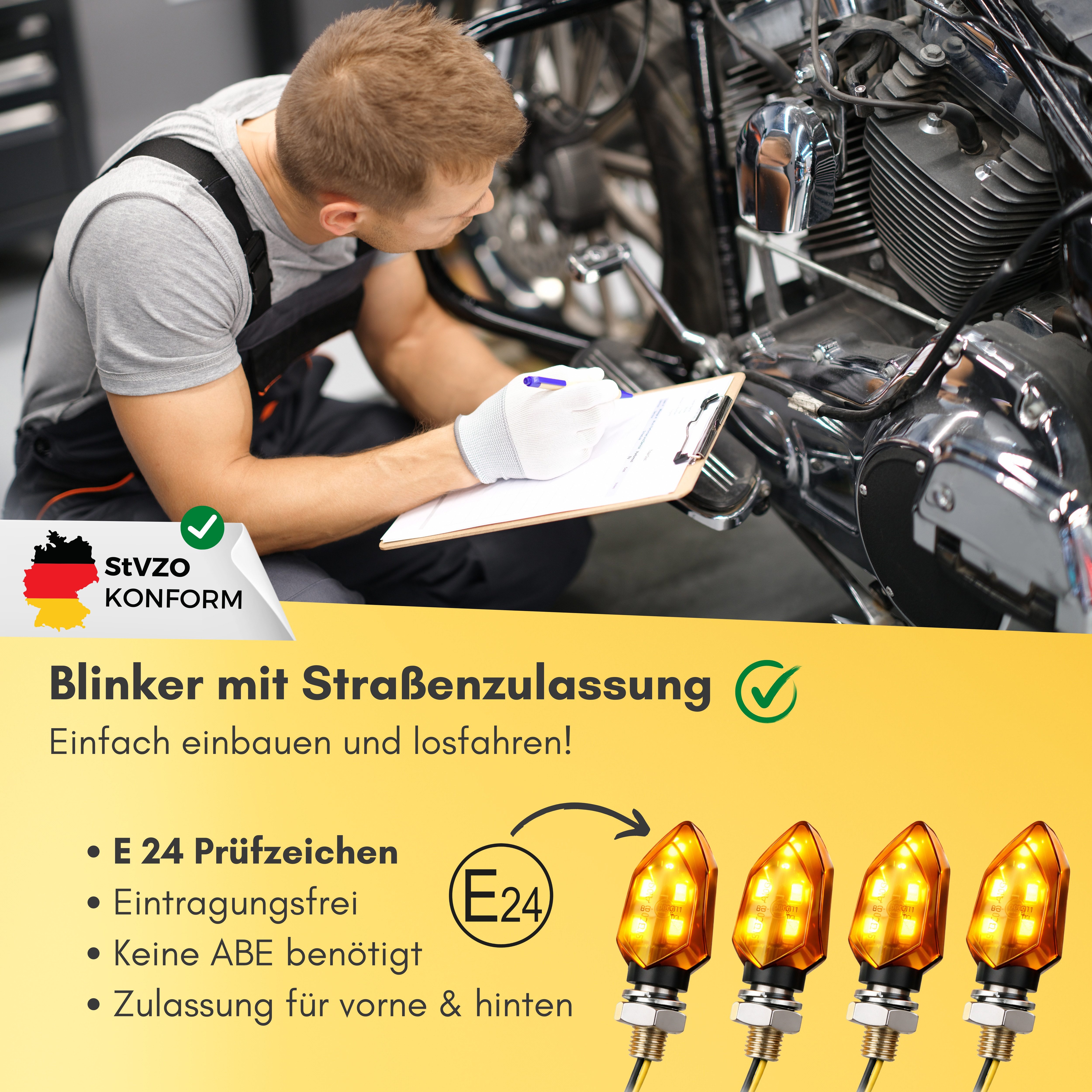 Binego Blinker 4x Motorrad LED Mini Blinker ECE E24 getönt, LED fest integriert, Gelb
