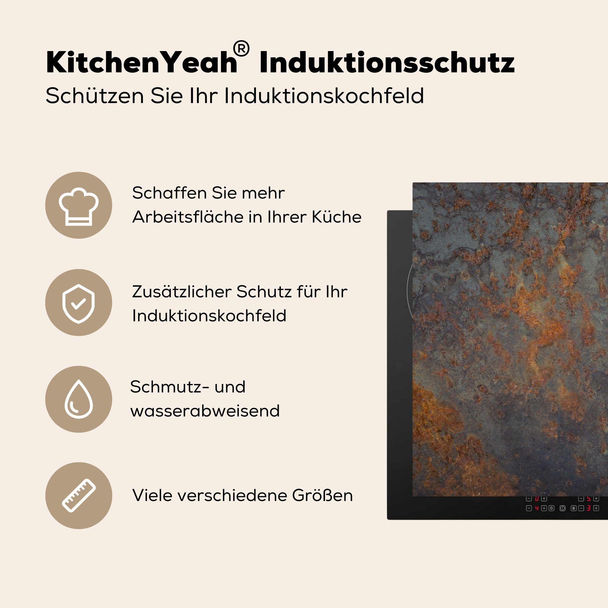 küche, MuchoWow die für Herdblende-/Abdeckplatte Metallstruktur Vinyl, Schutz cm, Rostflecken, Ceranfeldabdeckung Induktionskochfeld tlg), mit (1 81x52