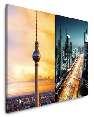 Sinus Art Leinwandbild 2 Bilder je 60x90cm Fernsehturm Berlin Skyline Wolkenkratzer Horizont Sonnenuntergang Straßenlicht