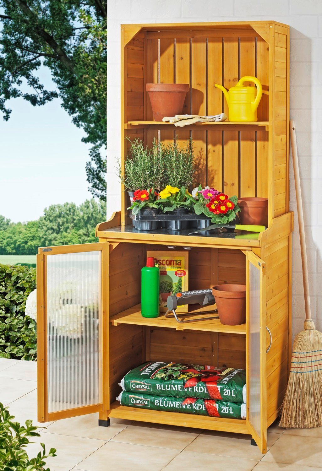 metra-direkt Gartentisch Gartenschrank mit Regalaufsatz - Arbeitsfläche aus Metall, Verzinkte Arbeitsfläche, Wasserabweisendes Holz
