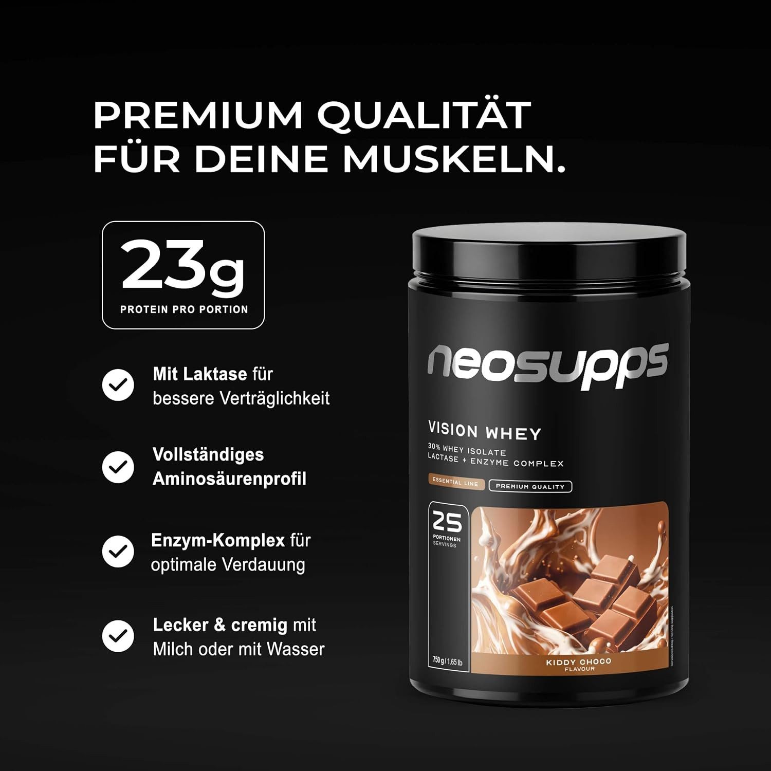 Neosupps Whey Protein Pulver Kiddy Choco 750g, Proteinpulver, Proteinshake Pulver, 750 g, Protein zum Muskelaufbau mit geprüfter Qualität, Made in Germany