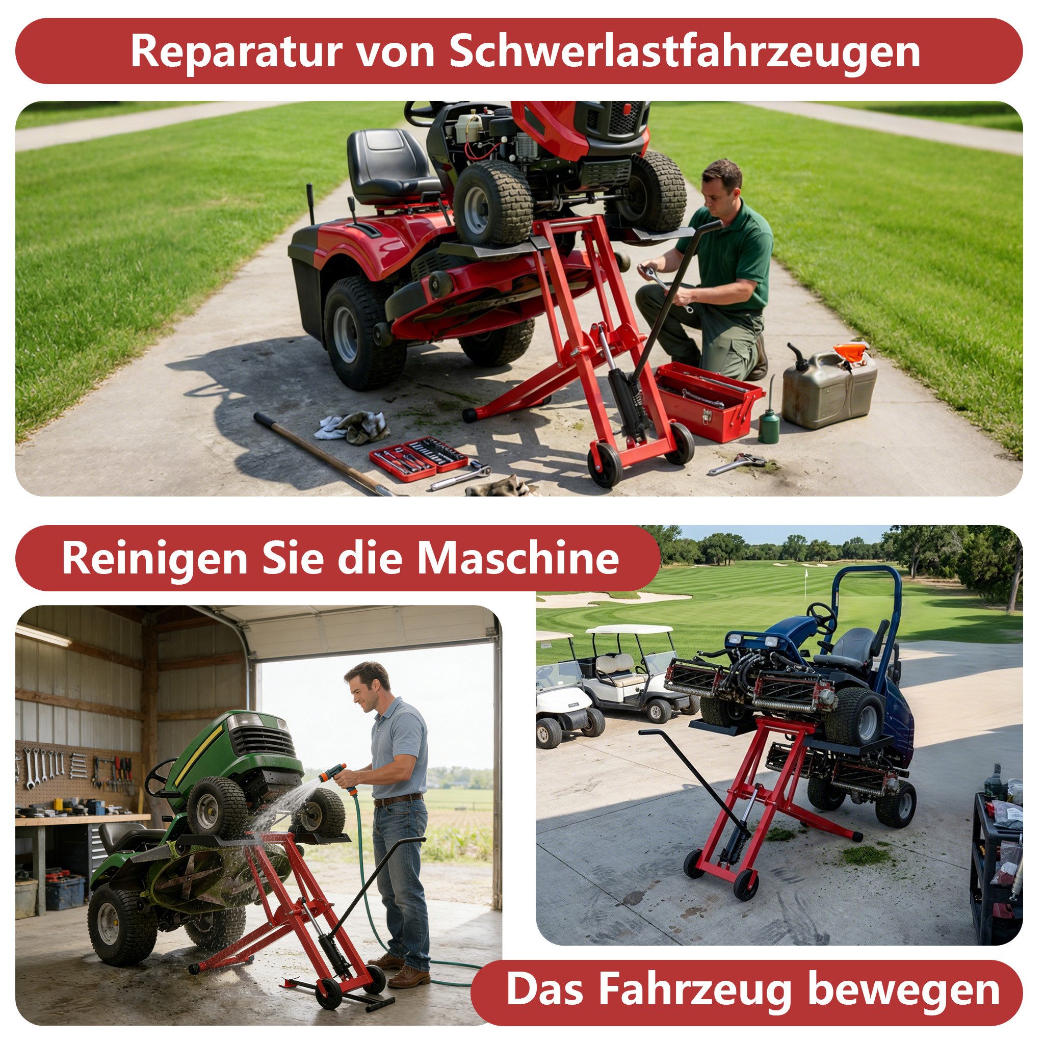 FIVMEN Rasentraktor 3-Fach Höhenverstellbar Hebebühne mit hydraulischem Wagenheber, Rahmen aus Stahl mit PVC-Räder 12 cm, 227 kg Tragkraft, Schwarz/Rot – Bild 5 von 5