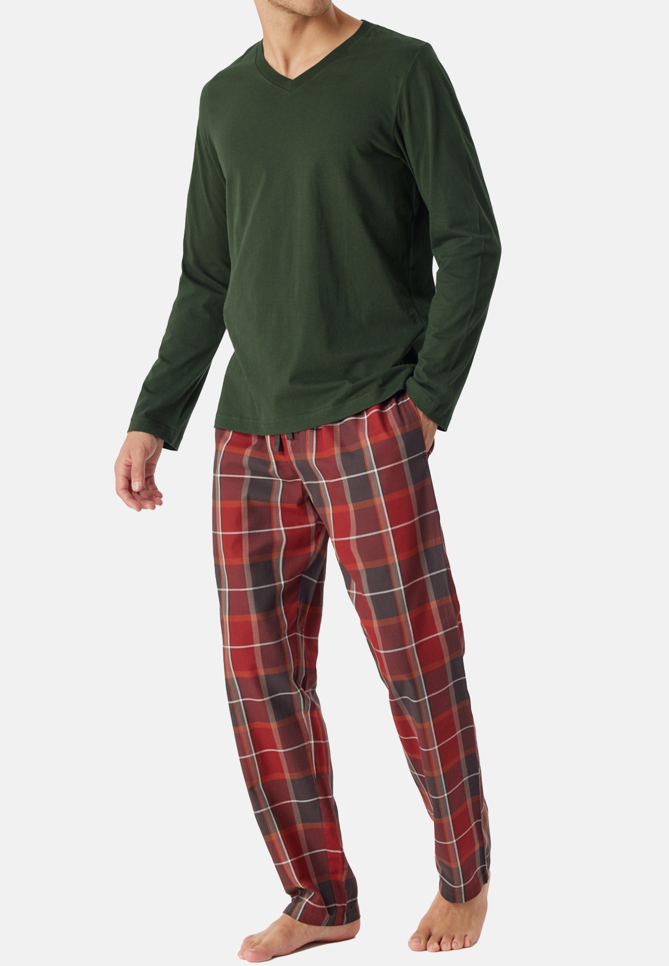 Schiesser Pyjama Organic Brushed Relax Schlafanzug Cotton V-Ausschnitt Oberteil Eingefasster Mix - (1 Baumwolle & Dunkelgrün tlg) 
