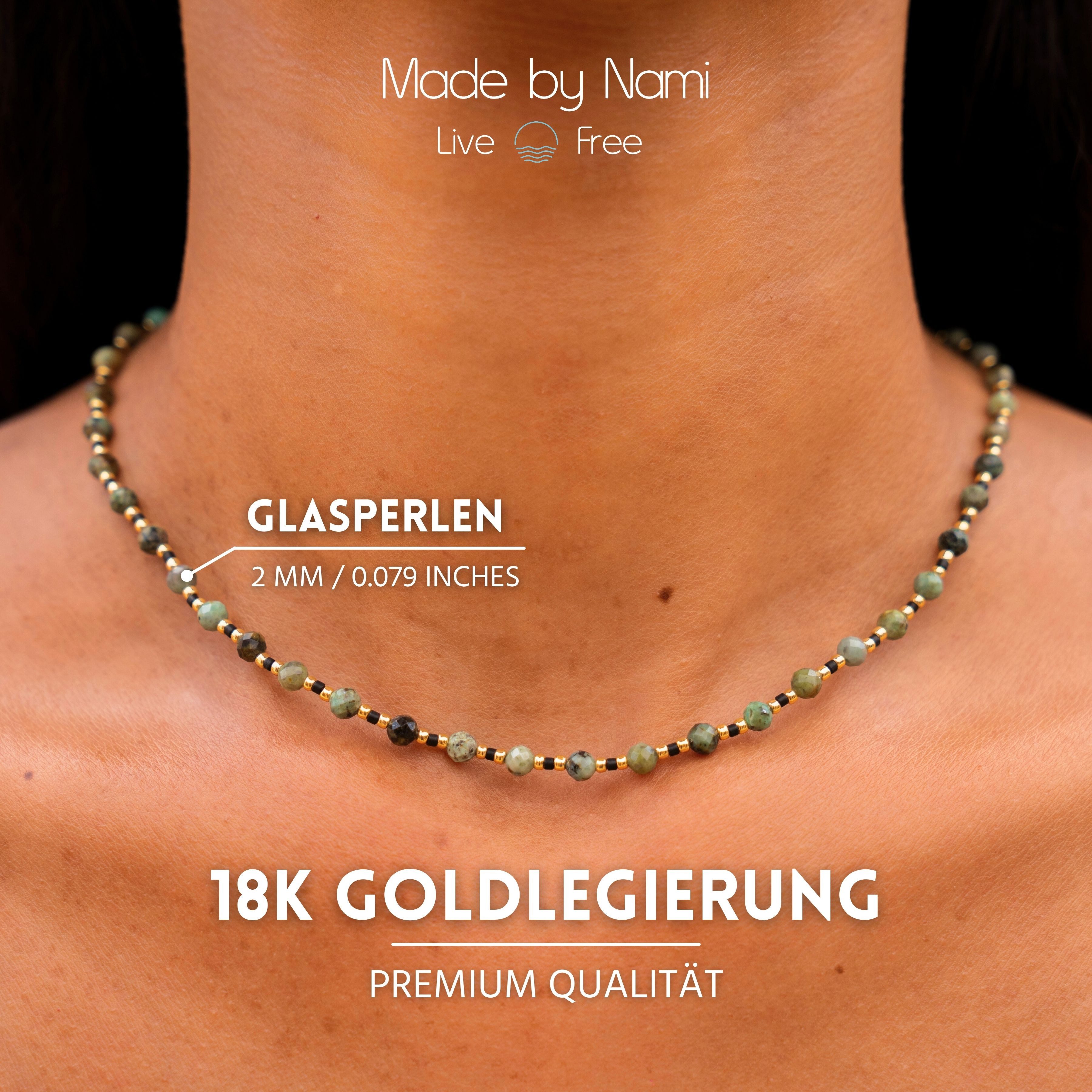 Made by Nami Perlenkette Damen Halskette Bunt 40 + 5 cm verstellbar wasserfest hypoallergen, aus Naturstein – Boho-Stil – sommerlich – mit Verlängerung – Bild 5 von 5