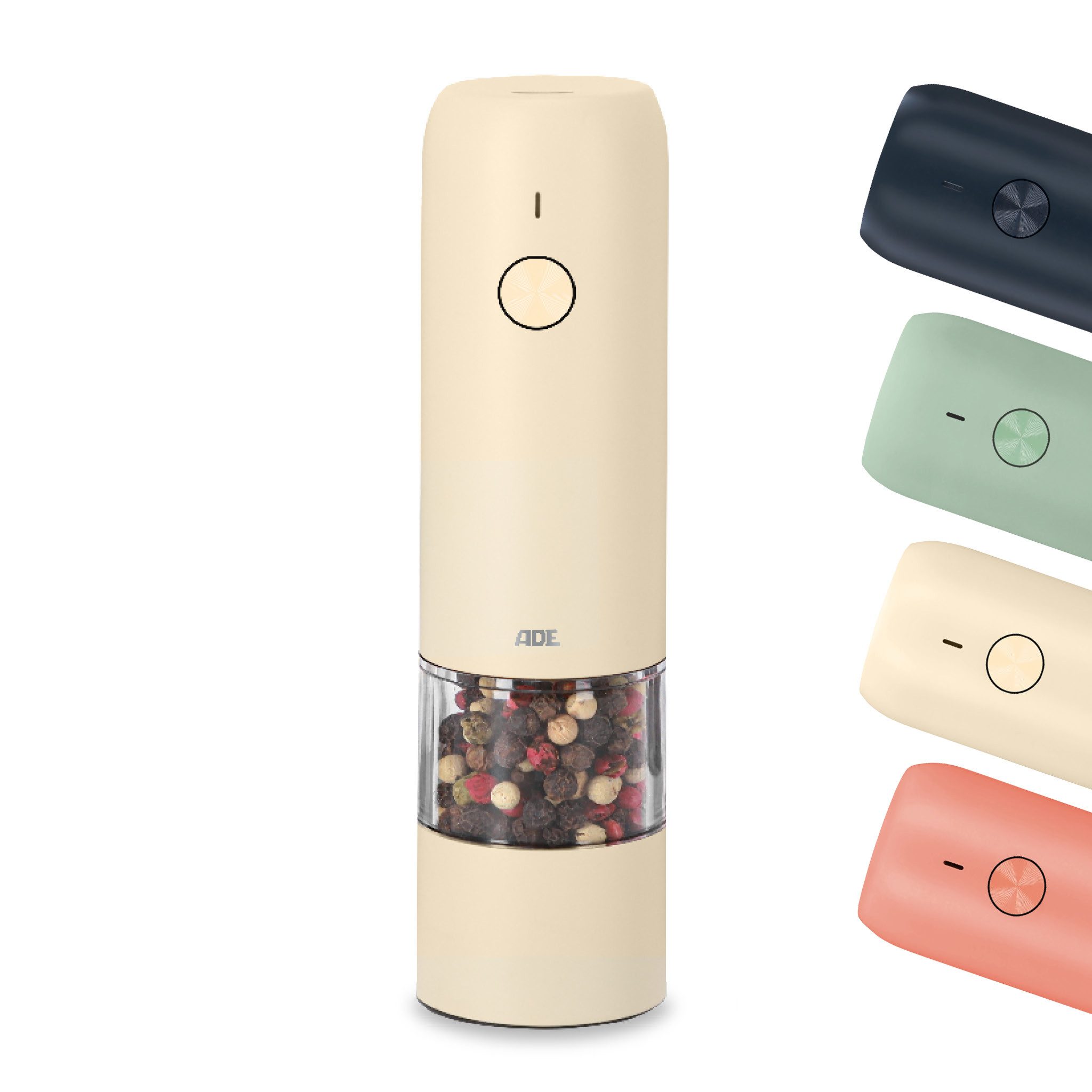 ADE Gewürzmühle elektrisch mit stufenlosem Keramikmahlwerk und Einhandbedienung Akku, Mini Salz- und Pfeffermühle, aufladbar per USB-C (Kabel inkl)