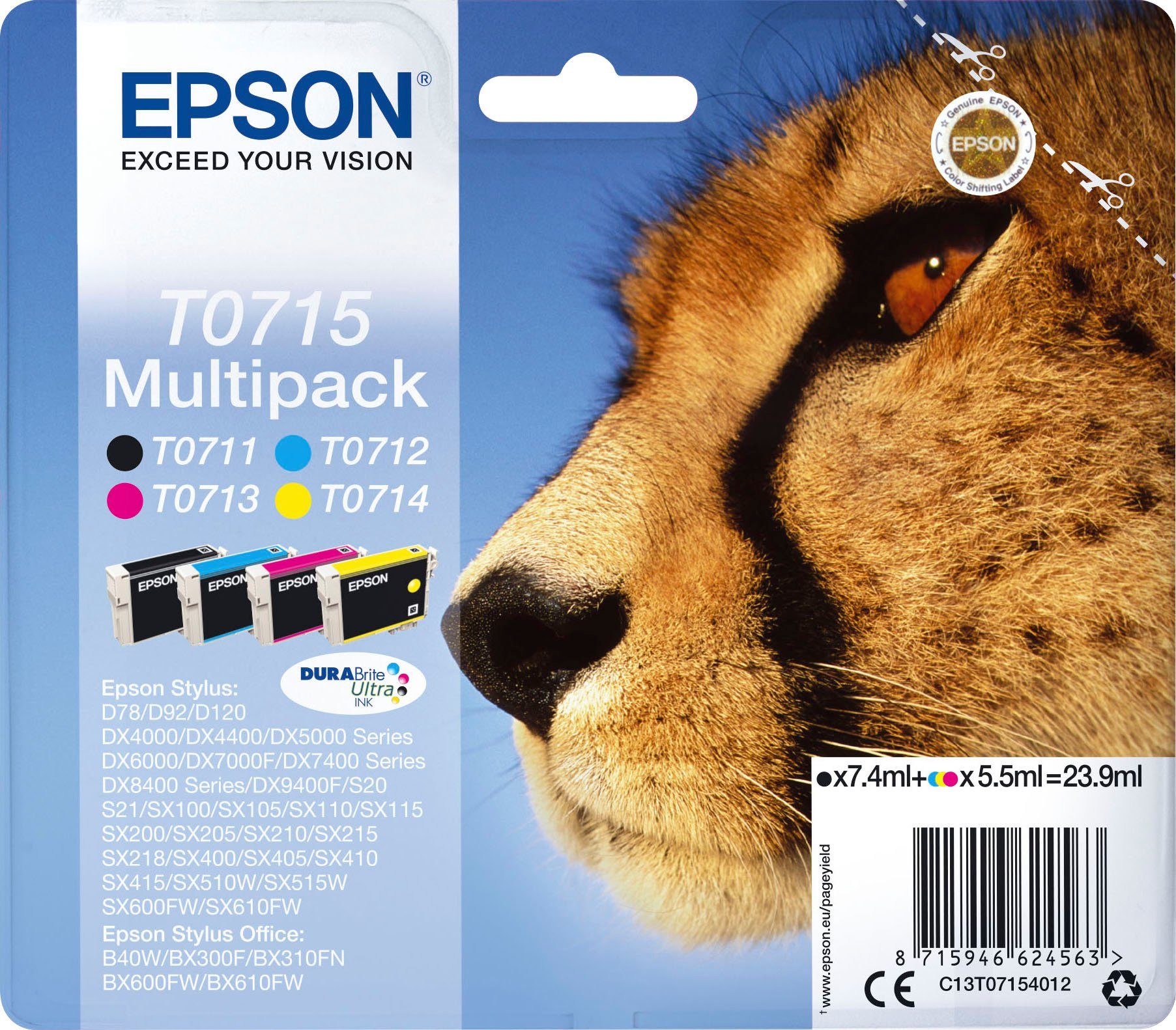 Epson T0715 Tintenpatrone (Spar-Set, original Druckerpatrone T0715,C13T07154012 schwarz/cyan/magenta/yellow) schwarz, cyan, magenta, gelb