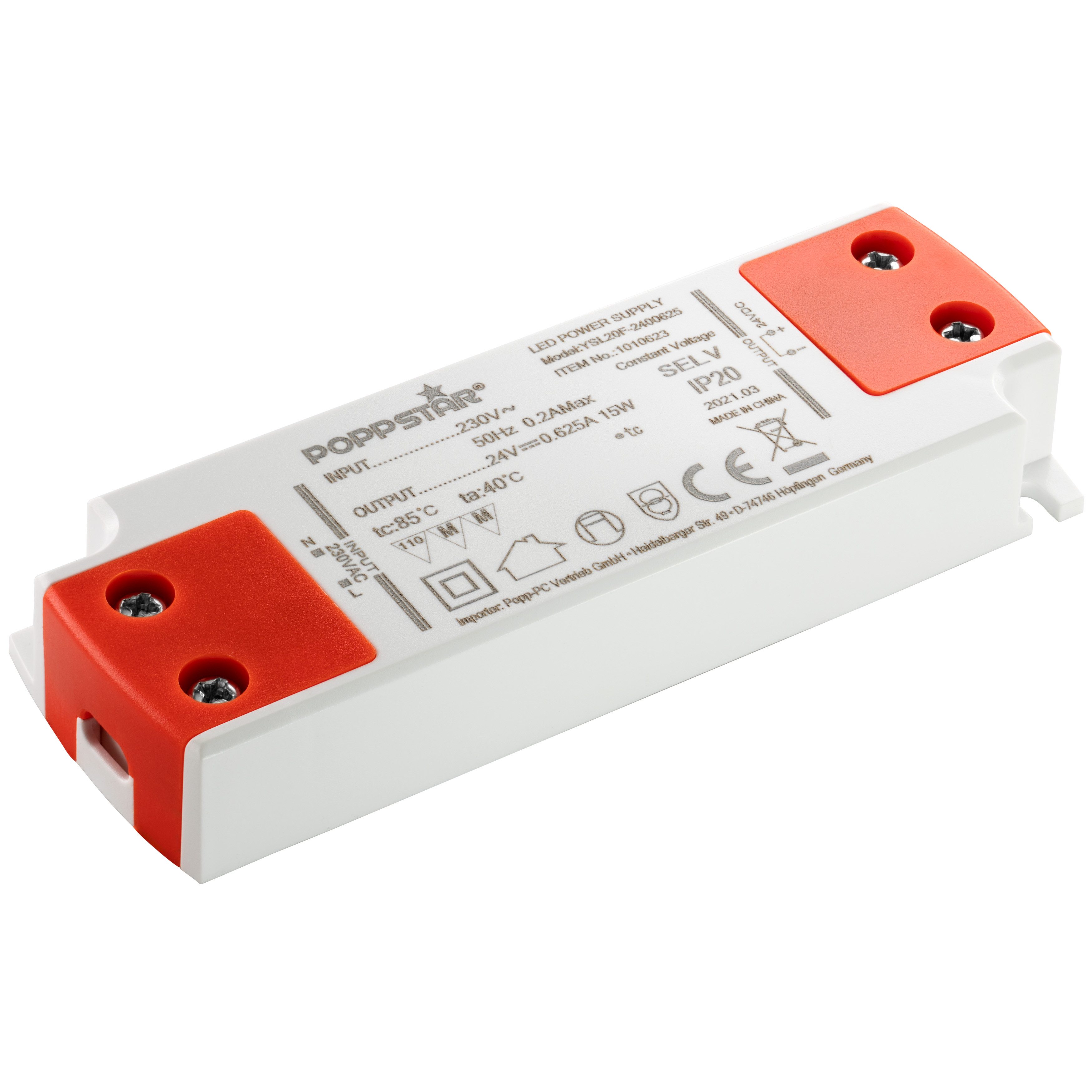 Poppstar Ultra flacher LED-Transformator 230V AC / 24V DC 0,625A LED Trafo (Slim Trafo 24 V (für 0,15 bis 15 Watt LED Strips, Lampen und Bänder)