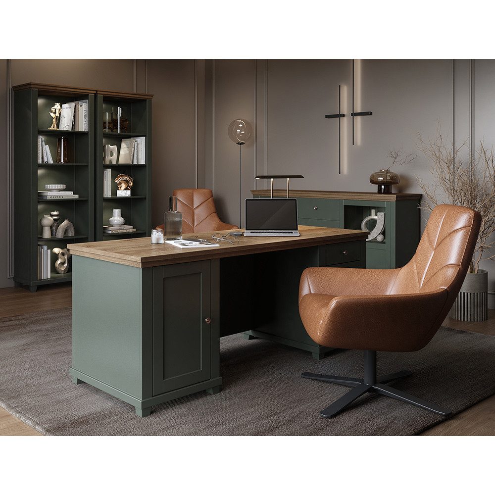 Lomadox Büromöbel-Set EPSOM-83, (Spar-Set, 4-tlg., Schreibtisch Sideboard Aktenregal), in grün mit Lefkas Eiche, Rückwand mit Lamellen Optik, Softclose