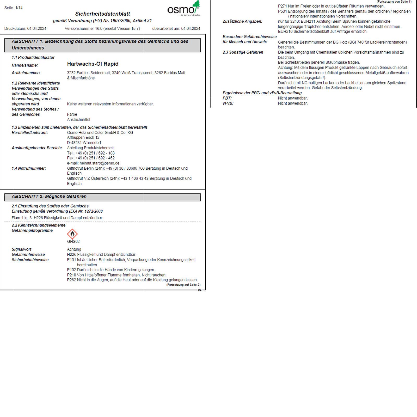osmo Hartwachsöl Hartwachs-Öl Rapid 2,5 LTR