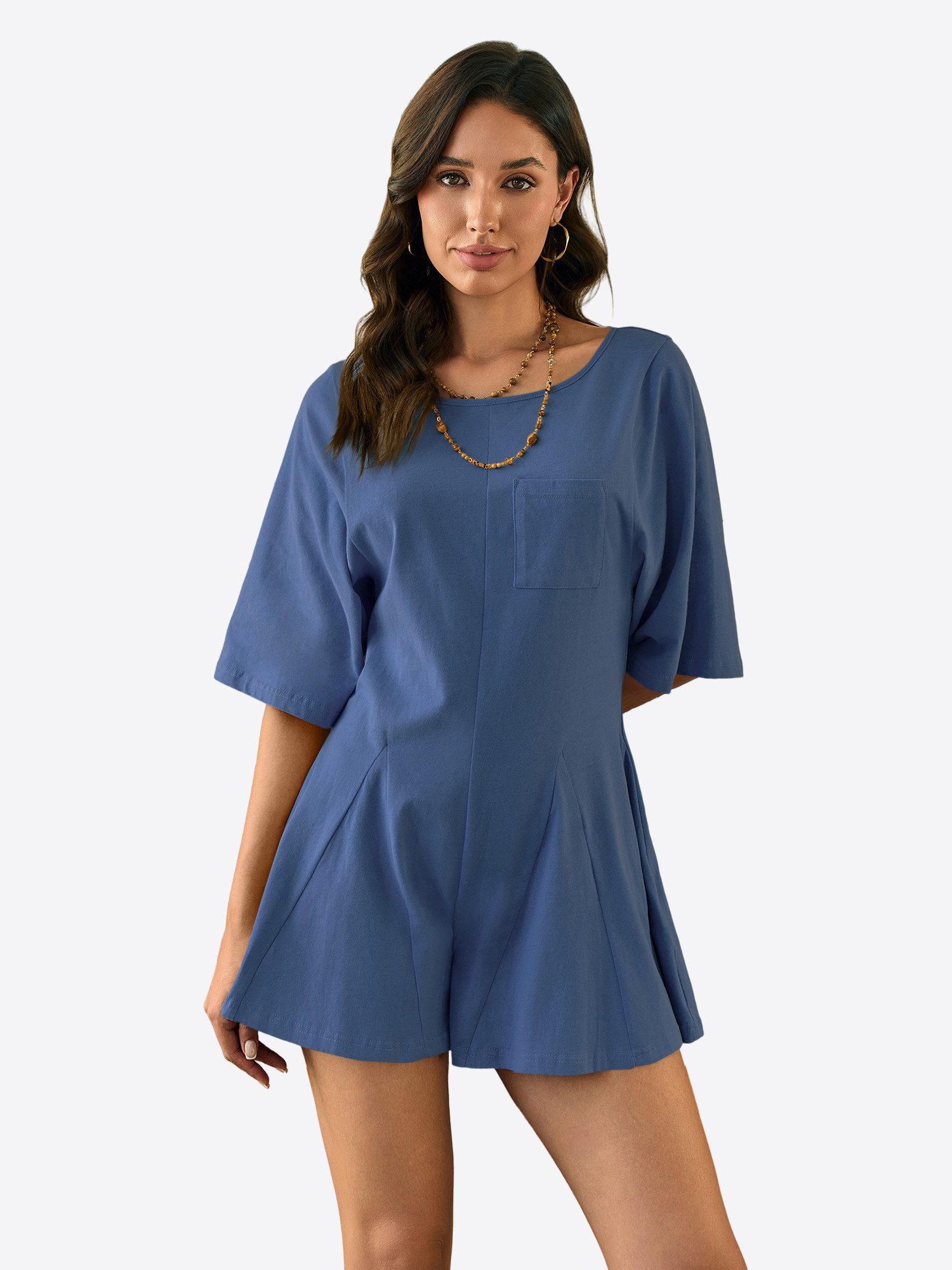 Imily Bela Jumpsuit Damen aus Baumwolle Rückenausschnitt Kurzarm Shorts Sommer Overall (Packung, 1-tlg., 1per-Pack) in Unifarbe
