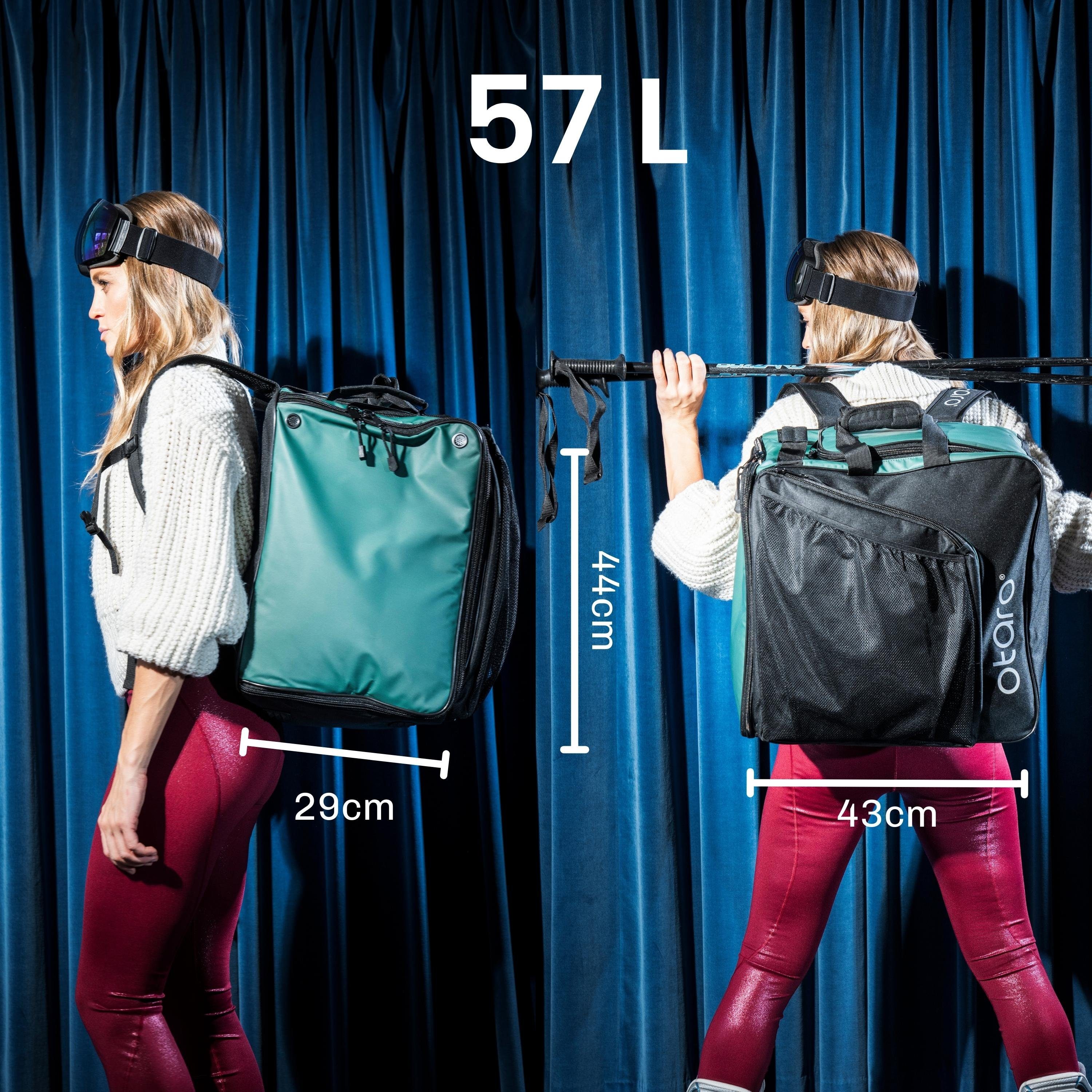 Otaro Sporttasche Skischuhtasche mit für Perfekt Rucksackträger, Schwarz Skifahrer bequemen (Schutz für deine Ausrüstung, durchdacht, Helmfach Tannengrün & & 57L Boarder) ausklappbare Standfläche, Pro