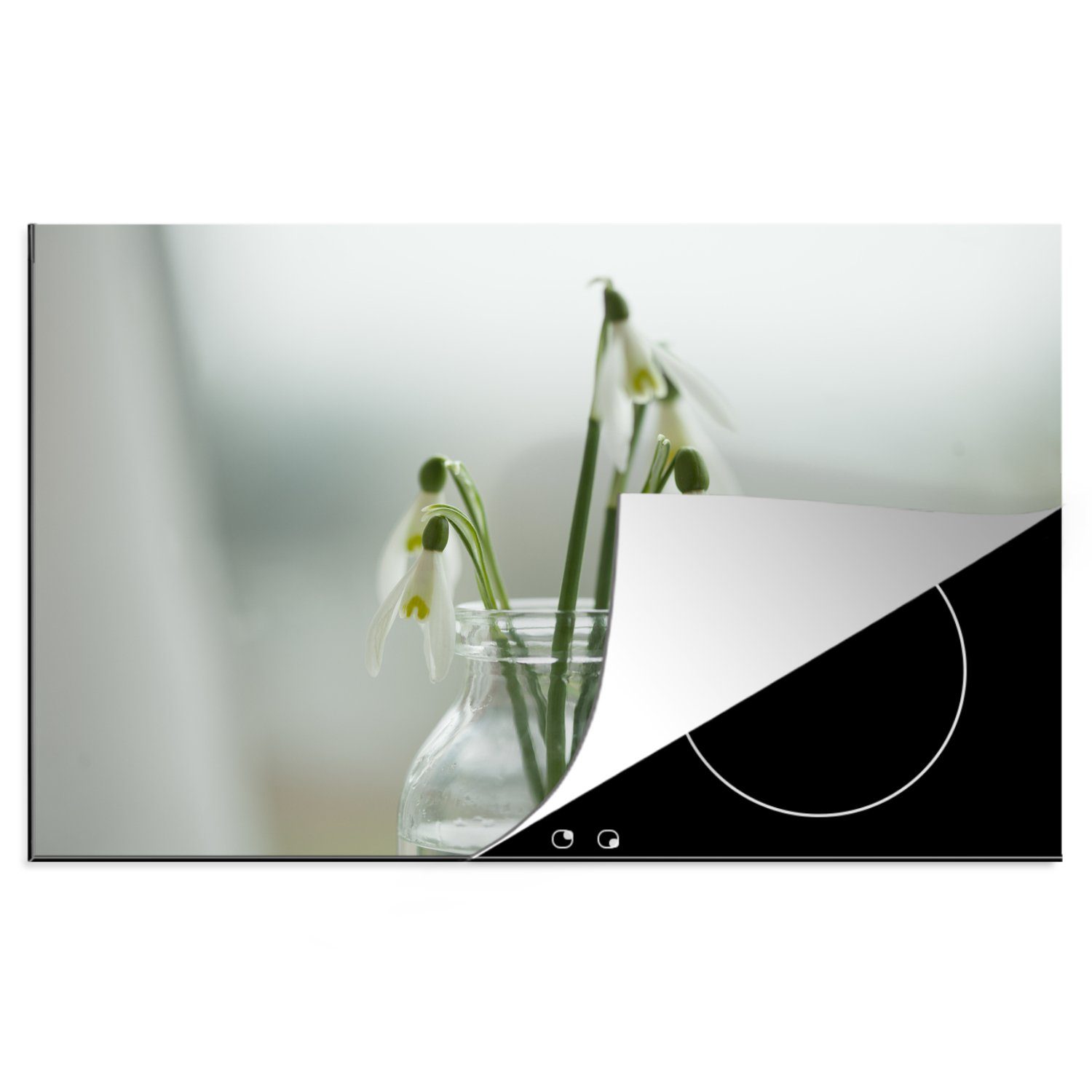 MuchoWow Herdblende-/Abdeckplatte Schneeglöckchen in einer transparenten Vase, Vinyl, (1 tlg), 81x52 cm, Induktionskochfeld Schutz für die küche, Ceranfeldabdeckung