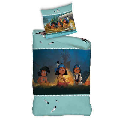 Kinderbettwäsche Yakari mit Freunden 135x200 + 80x80 cm aus 100% Baumwolle, Familando, Renforcé, 2 teilig, mit "Regenbogen", "Kleiner Dachs" & "Kleiner Donner"