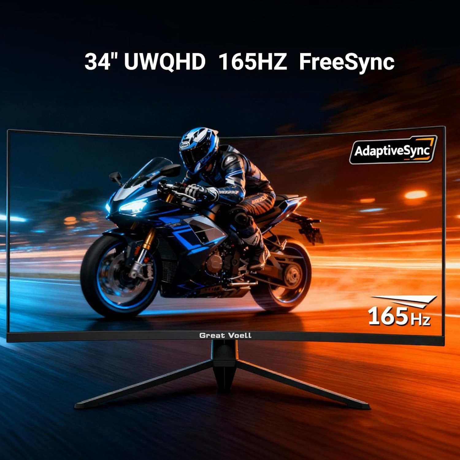 Great Voell 34-Zoll-Curved-Gaming-Monitor, 4K, 165 Hz, PIP/PBP, 1500R, HDR10 Gaming-Monitor (86,36 cm/34 ", 3440 x 1440 px, UWQHD, 1 ms Reaktionszeit, 165 Hz, VA LED, HDR, Ultraweit gebogener Gaming & Home Office Monitor, 127% sRGB)