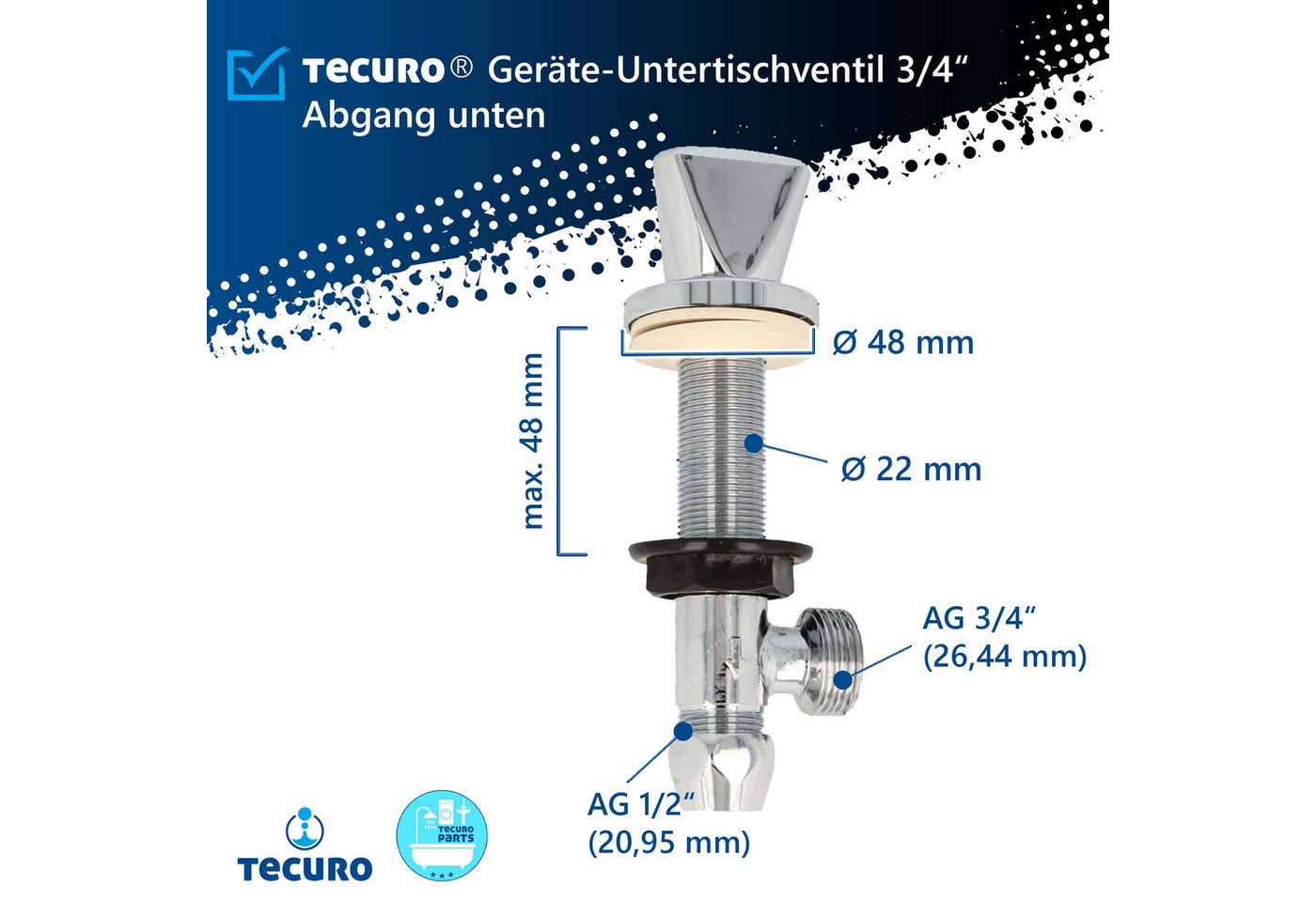 Thumbnail - tecuro Geräteventil Geräte-Untertischventil 3/4 Zoll, Abgang seitlich